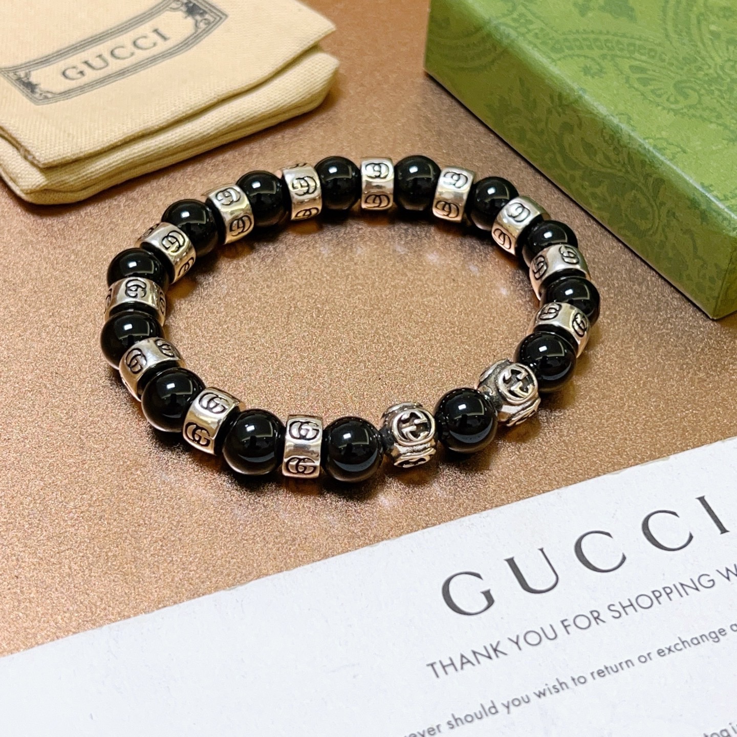 Gucci 𝐆𝐮𝐜𝐜𝐢古驰手链 奢华手串 最新款全件黑玛瑙串珠手链档次更高 Anger Forest系列双g 古驰手链