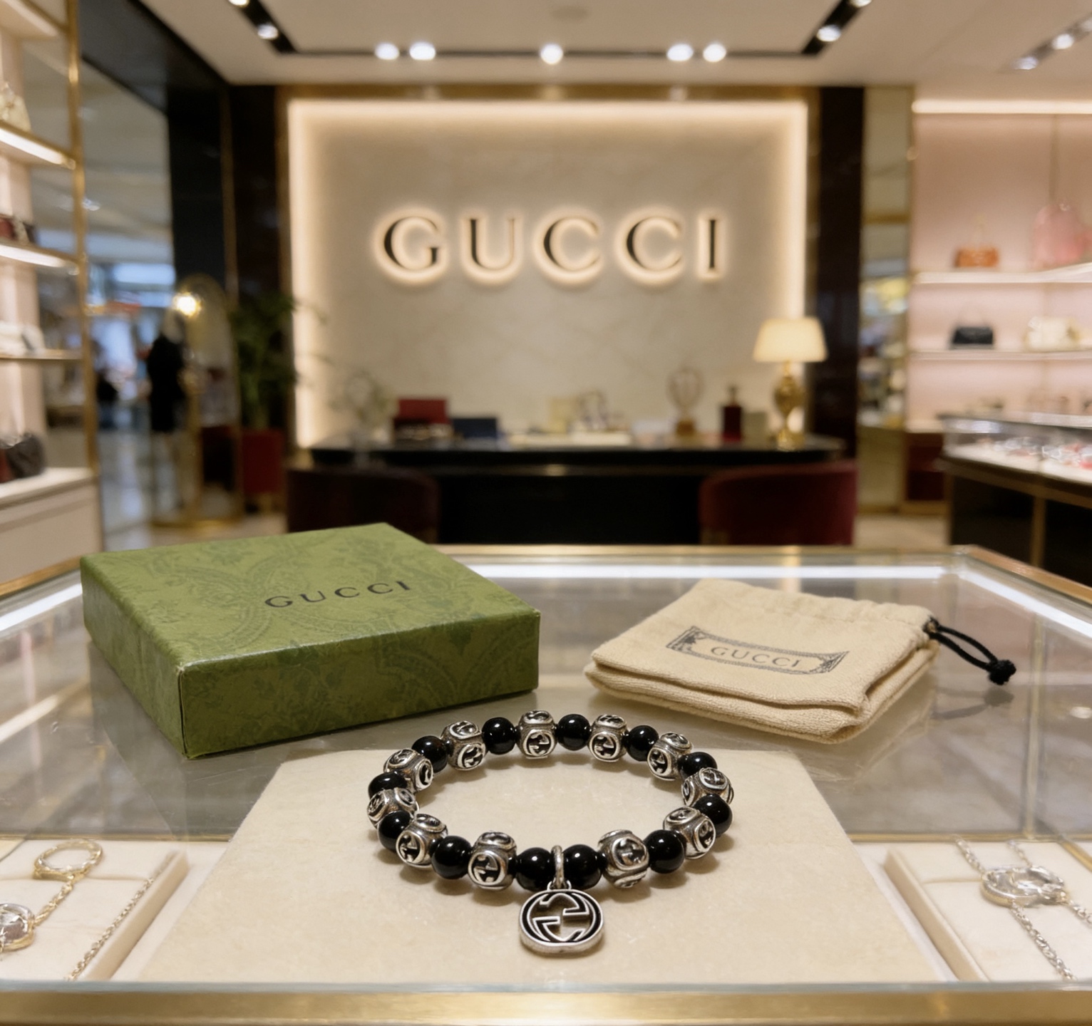 Gucci 𝐆𝐮𝐜𝐜𝐢古驰手链 奢华手串 最新款全件黑玛瑙串珠手链档次更高 Anger Forest系列双g 古驰手链