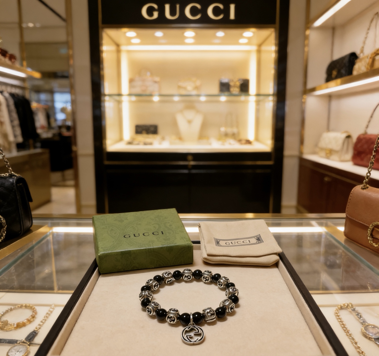 Gucci 𝐆𝐮𝐜𝐜𝐢古驰手链 奢华手串 最新款全件黑玛瑙串珠手链档次更高 Anger Forest系列双g 古驰手链