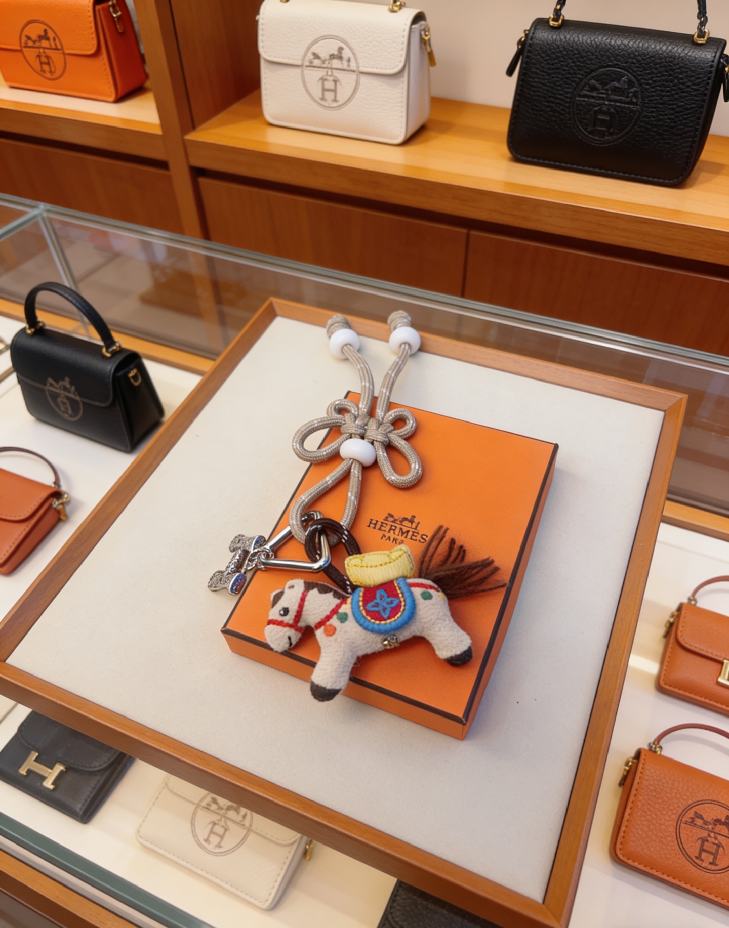 Hermes Rodeo Horse H Charm Llavero colgante Cordón de tela beige de metal plateado con cuentas blancas Caballo de fieltro blanquecino con bordado multicolor cola de melena de hilo marrón 12 cm de longitud total