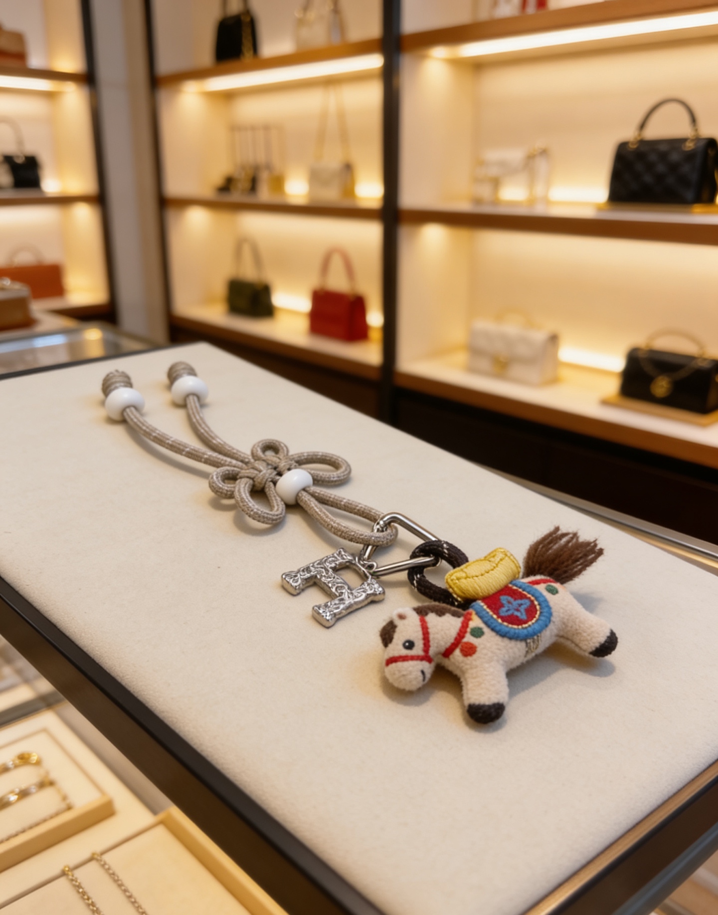 Hermes Rodeo Horse H Charm Keychain pendant Silver-tone metal beige fabric cord with white beads off-white felt horse with multicolor embroidery brown yarn mane tail 12cm total length