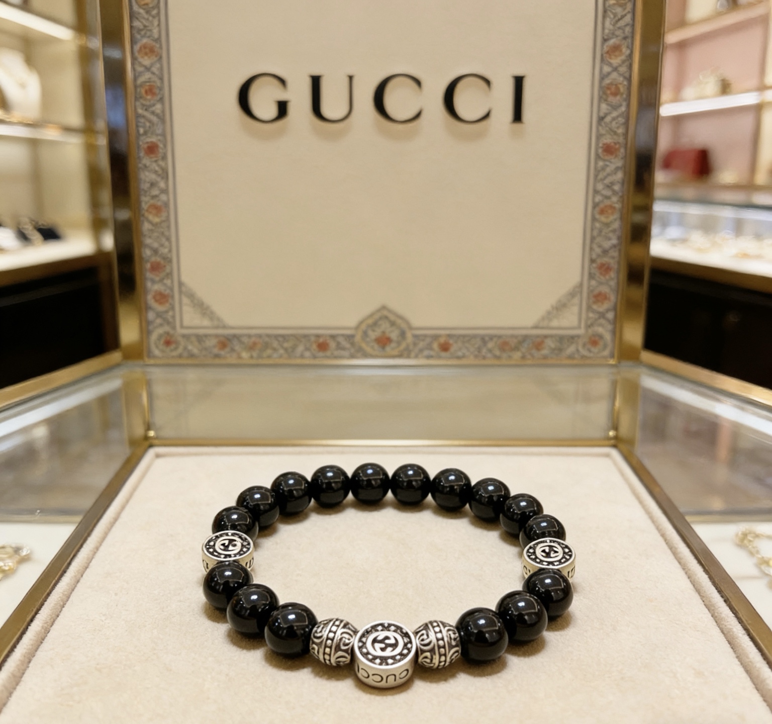 Gucci 𝐆𝐮𝐜𝐜𝐢古驰手链 最新款天然黑玛瑙手链档次更高 Anger Forest系列双G天然黑玛瑙手链