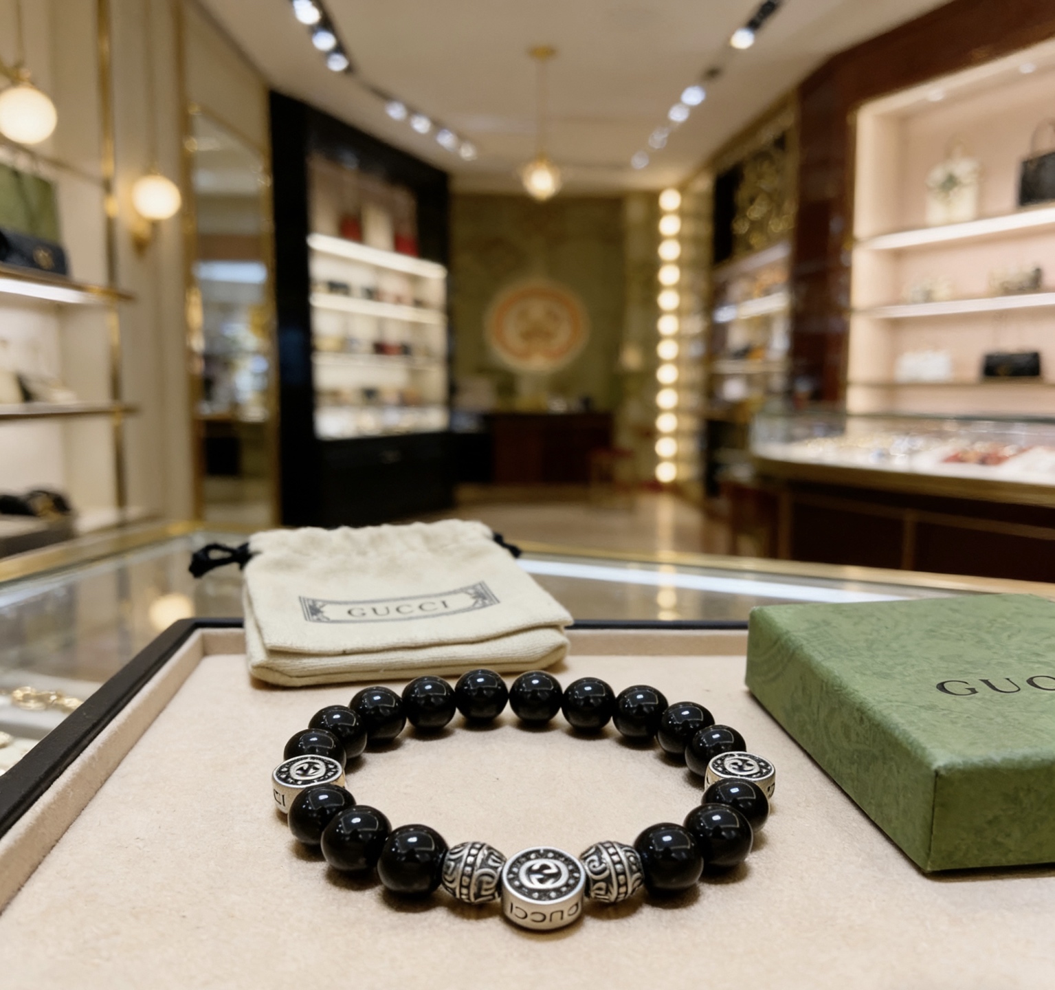 Gucci 𝐆𝐮𝐜𝐜𝐢古驰手链 最新款天然黑玛瑙手链档次更高 Anger Forest系列双G天然黑玛瑙手链