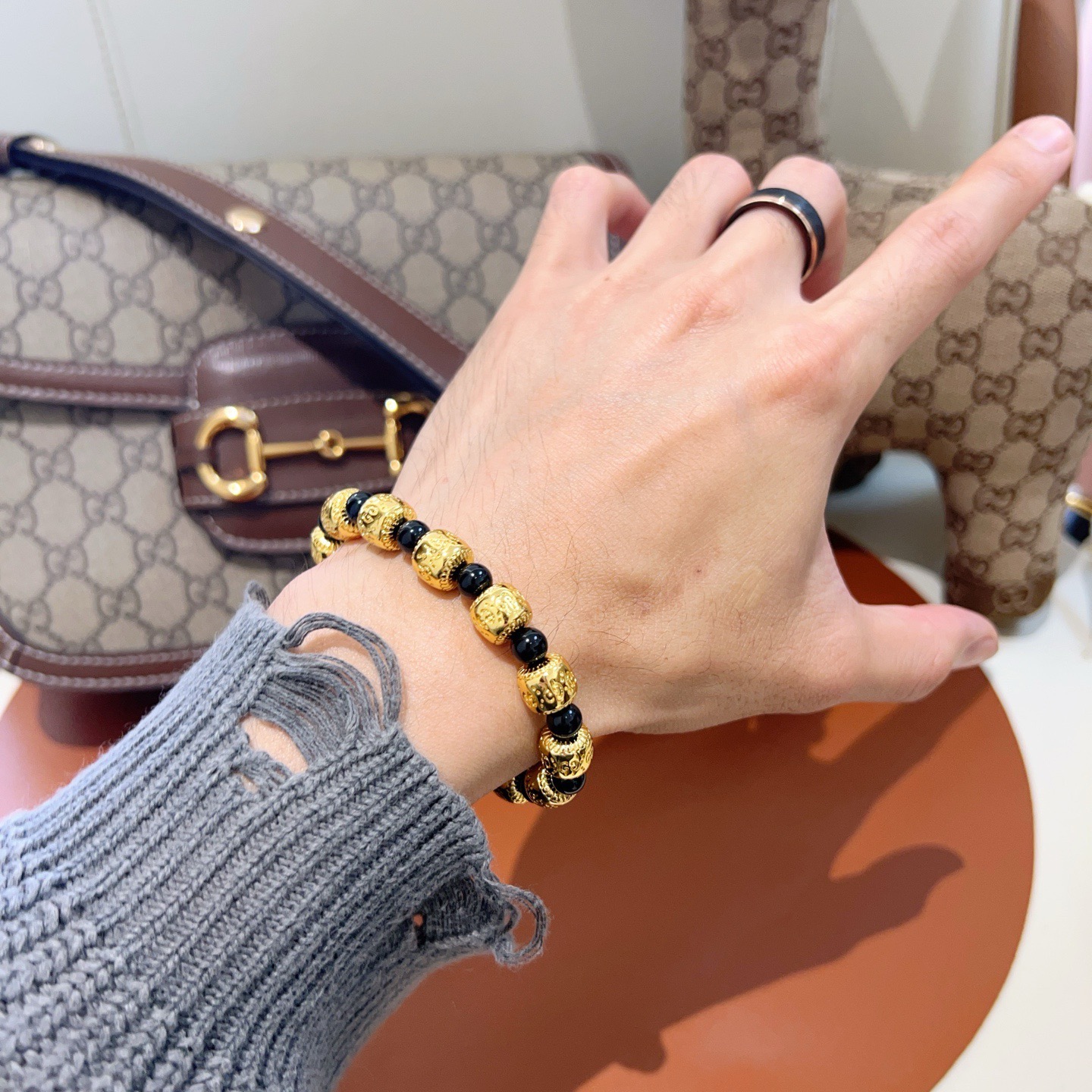 Gucci 𝐆𝐮𝐜𝐜𝐢古驰手链 奢华手串 最新款全件黑玛瑙串珠手链档次更高 Anger Forest系列双g 古驰手链