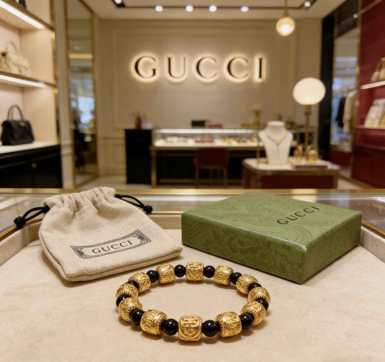 Gucci 𝐆𝐮𝐜𝐜𝐢古驰手链 奢华手串 最新款全件黑玛瑙串珠手链档次更高 Anger Forest系列双g 古驰手链