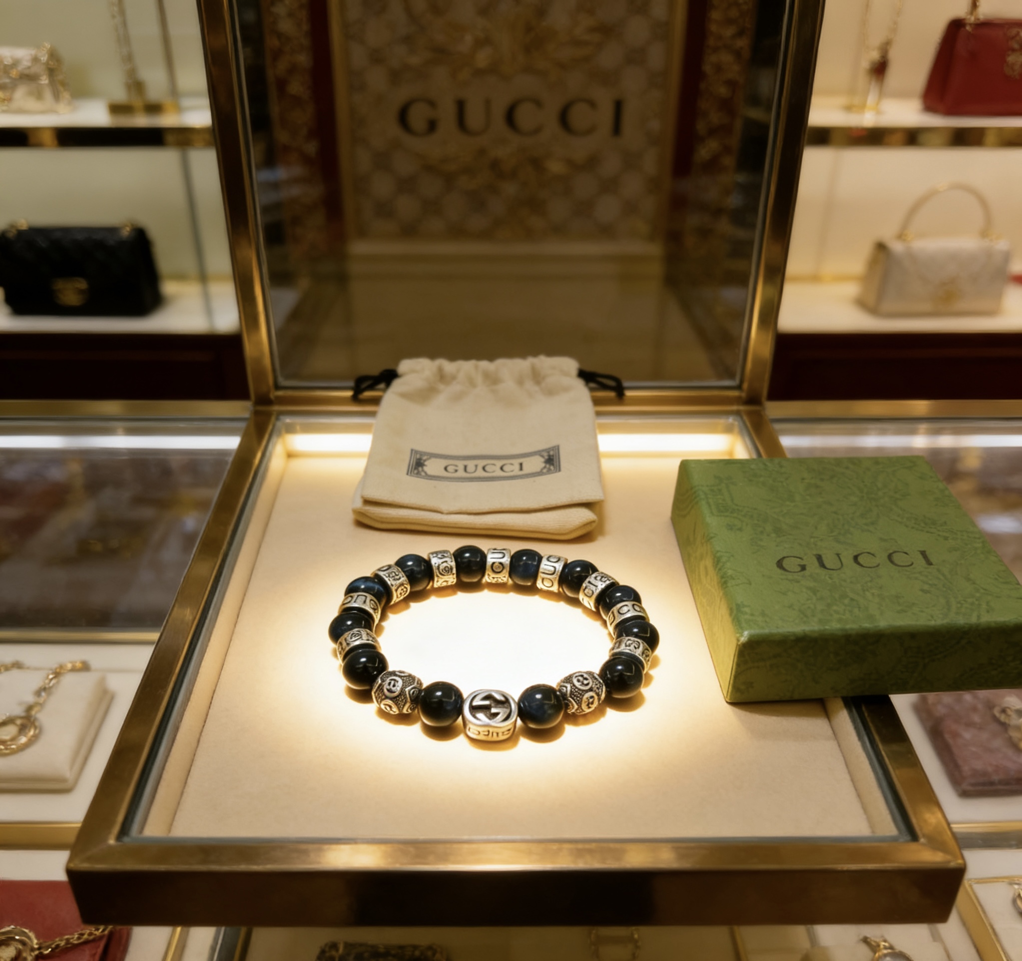 Gucci 新品发布𝐆𝐮𝐜𝐜𝐢古驰手链 最新款蓝虎眼石手链档次更高 Anger Forest系列双g手链