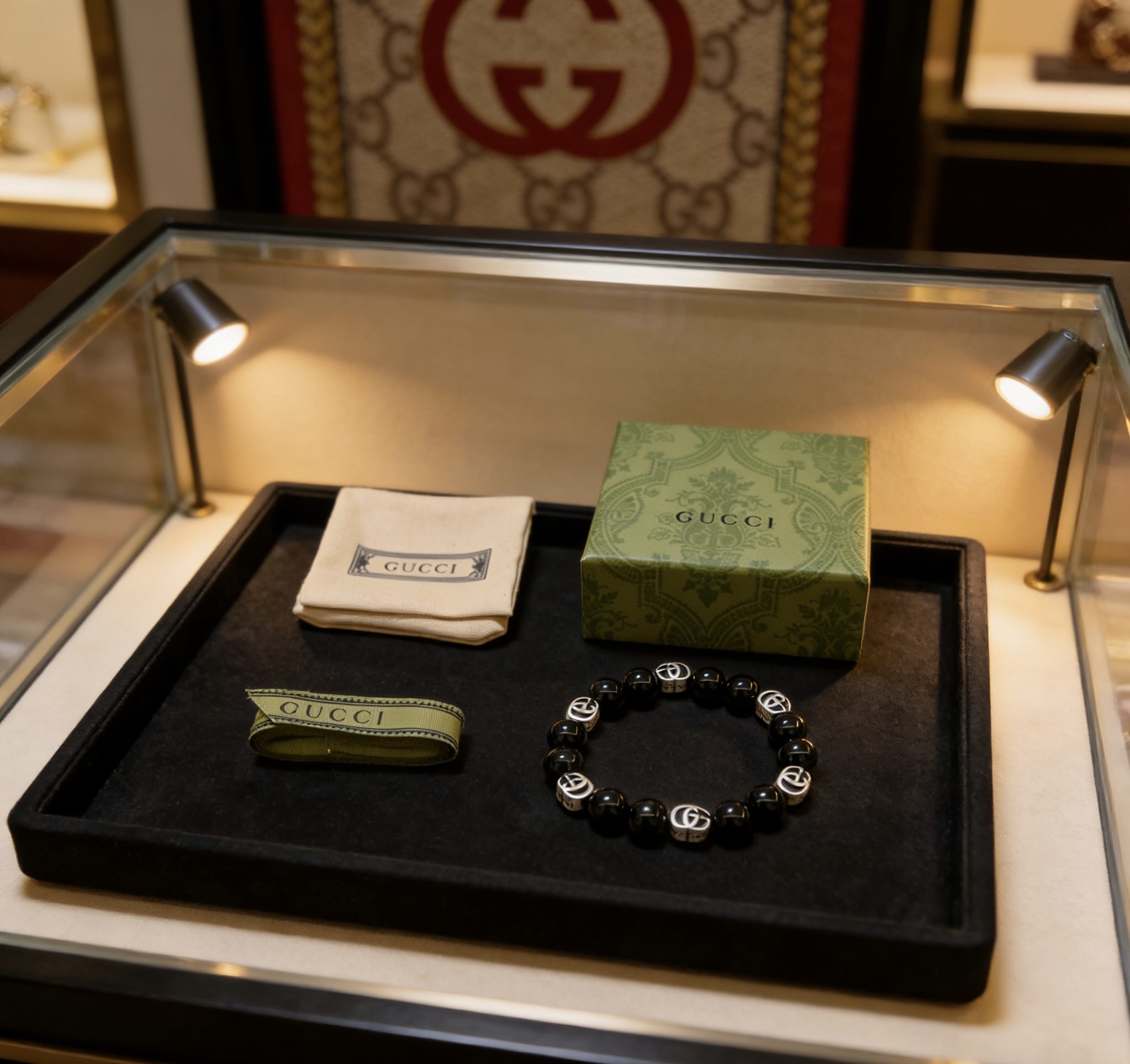 Gucci 𝐆𝐮𝐜𝐜𝐢古驰手链 最新款天然黑玛瑙手链档次更高 Anger Forest系列双g黑玛瑙水晶手链