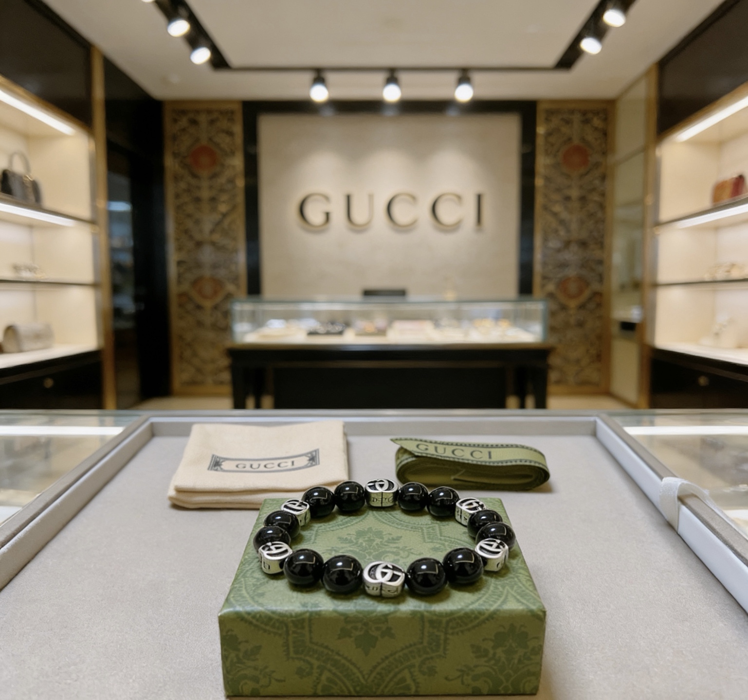 Gucci 𝐆𝐮𝐜𝐜𝐢古驰手链 最新款天然黑玛瑙手链档次更高 Anger Forest系列双g黑玛瑙水晶手链