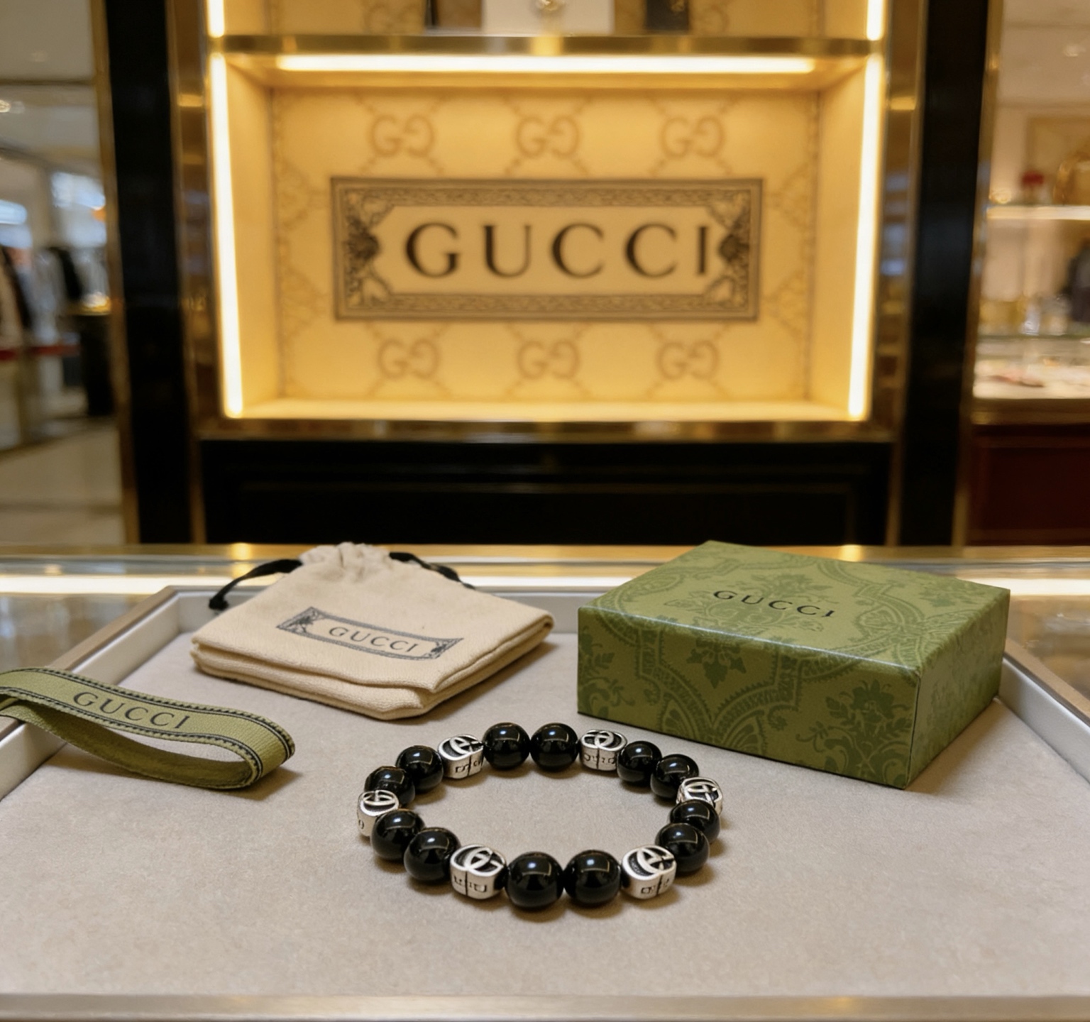 Gucci 𝐆𝐮𝐜𝐜𝐢古驰手链 最新款天然黑玛瑙手链档次更高 Anger Forest系列双g黑玛瑙水晶手链