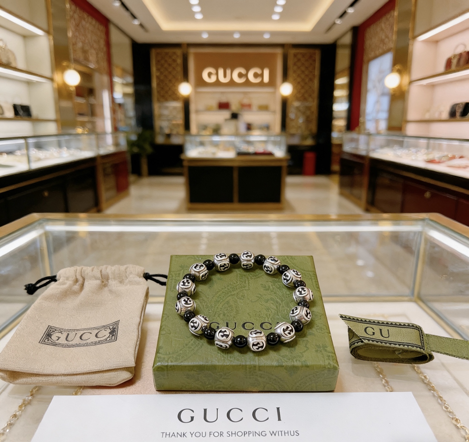 Gucci 𝐆𝐮𝐜𝐜𝐢古驰手链 最新款天然黑玛瑙手链档次更高 Anger Forest系列双g黑玛瑙水晶手链