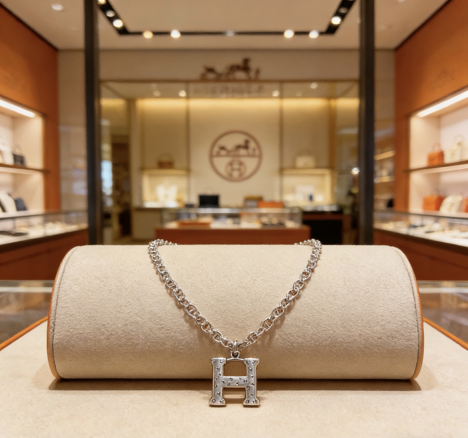 Hermes Constance H Pendant necklace silver-toned metal with studded detailing on H pendant 60cm