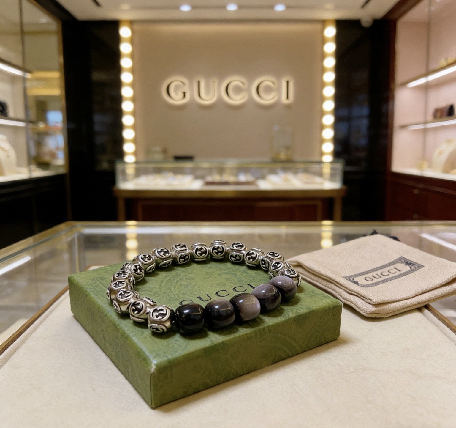 Gucci 新品发布会 古驰手链天然石 精工版本天然银曜石古驰手链