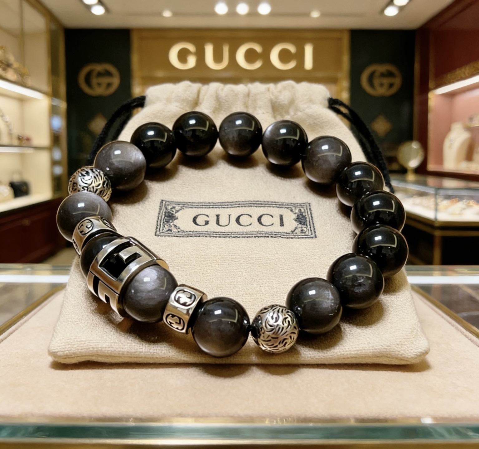 Gucci 新品发布会 古驰手链天然石 精工版本天然黑曜石古驰手链