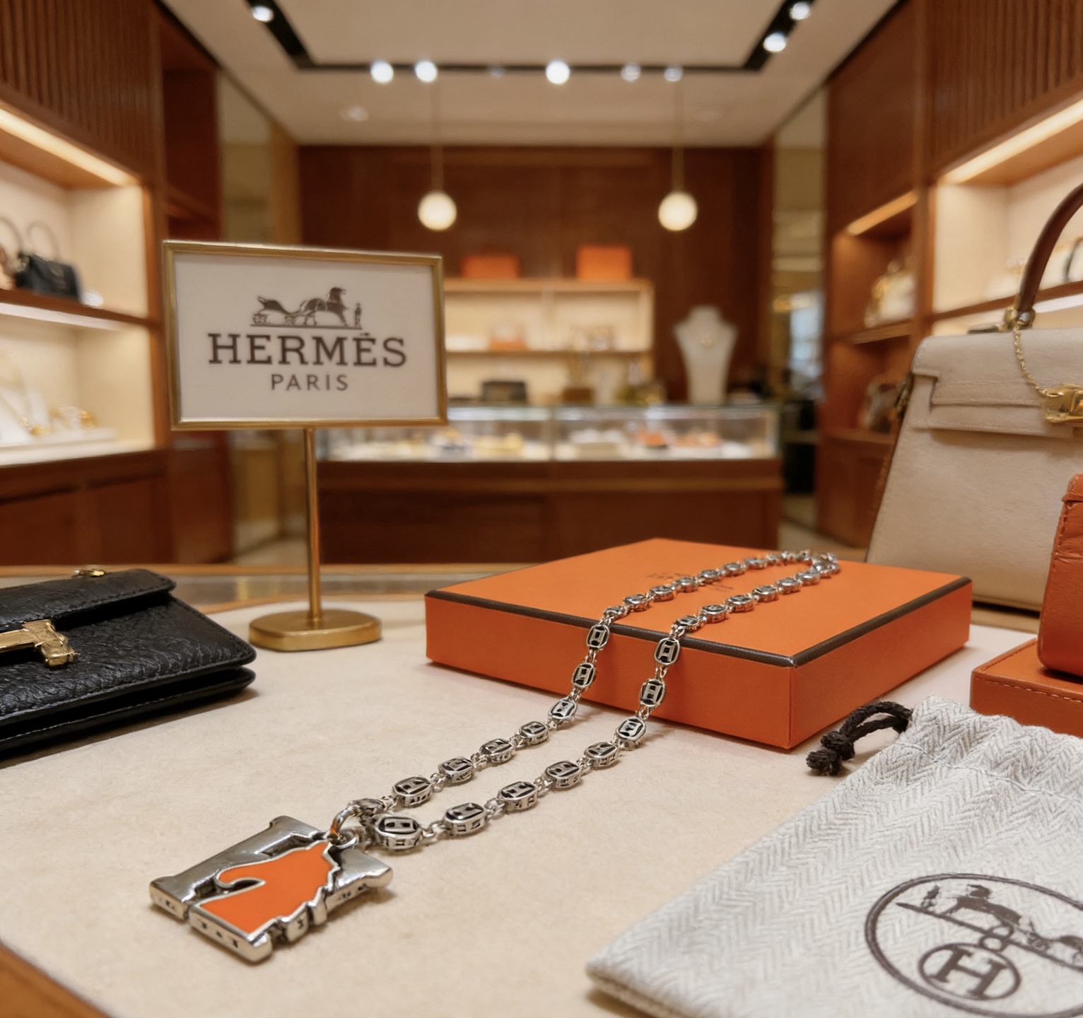 Collier pendentif Hermes Cheval H Métal argenté et émail orange 45cm