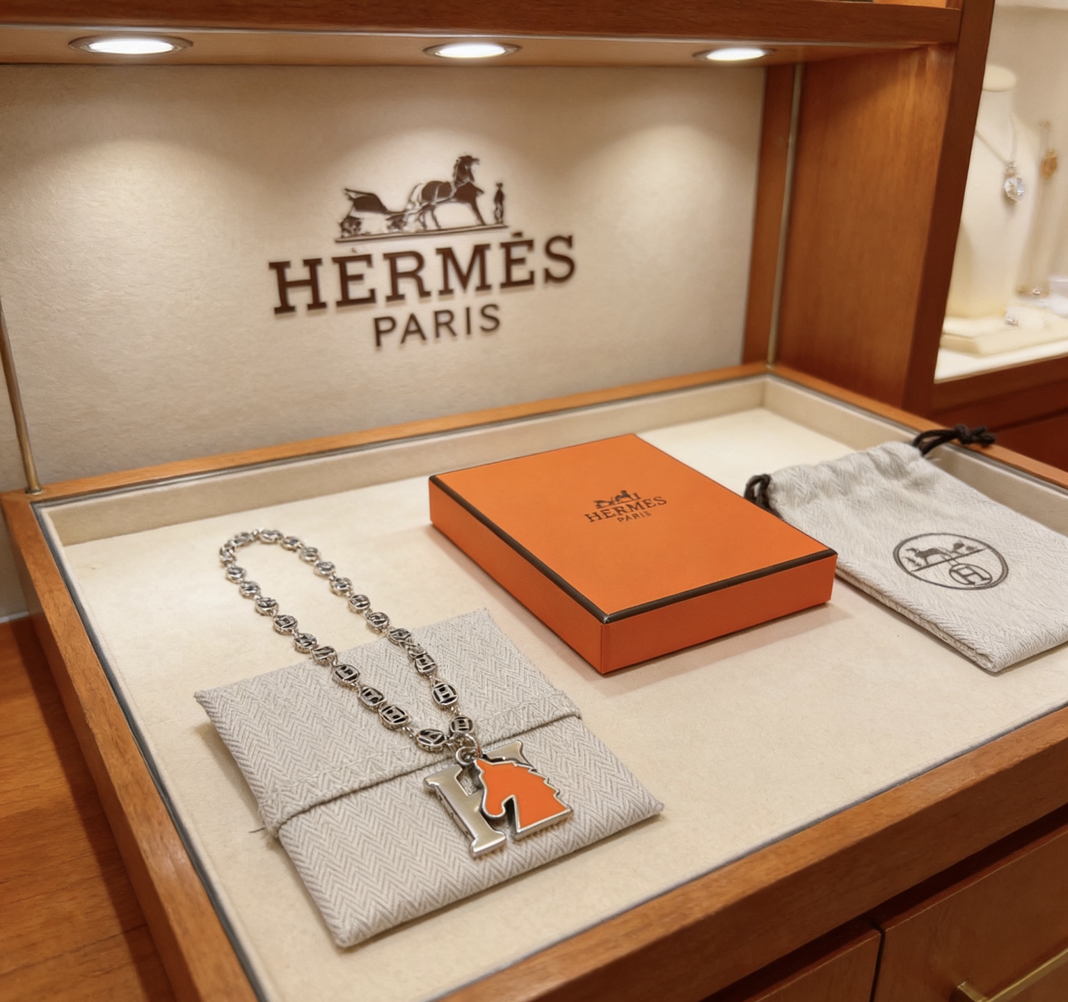 Collier pendentif Hermes Cheval H Métal argenté et émail orange 45cm