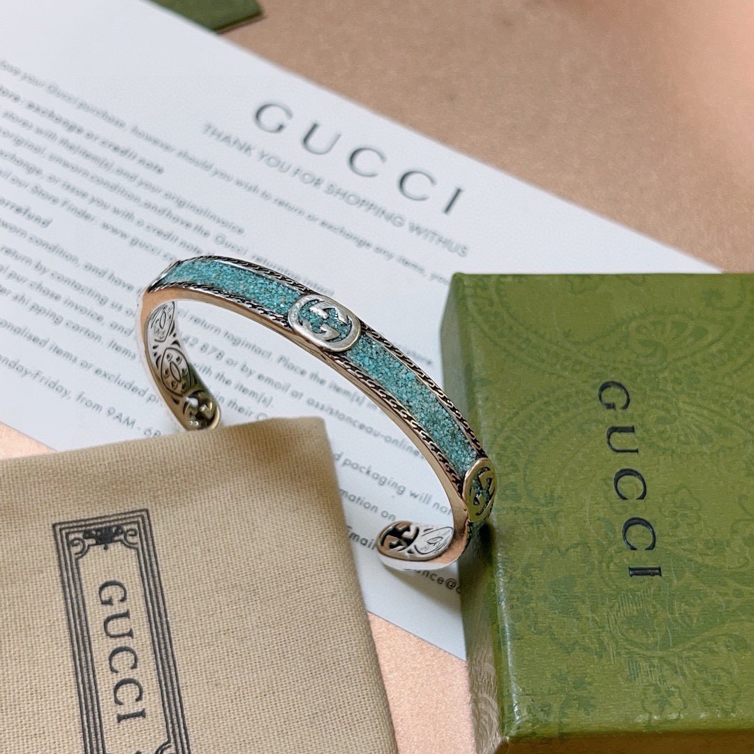 Gucci 𝐆𝐮𝐜𝐜𝐢古驰手镯手环湖蓝色 湖蓝色大理石独特魅力十足最新款手镯档次更高 Anger Forest系列双G 款系列 银大理石高品质古驰手环