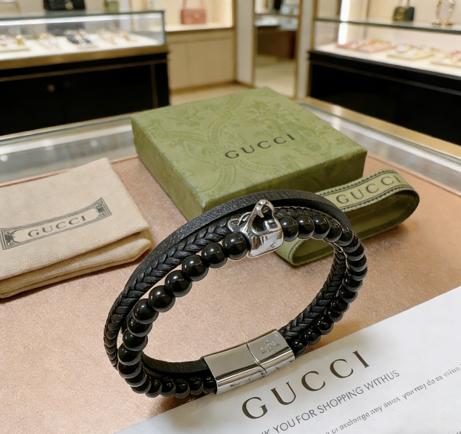 Gucci 𝐆𝐮𝐜𝐜𝐢古驰手绳手环最新款纯手工风格牛皮档次更高 Anger Forest系列双G 款系列 银 手链
