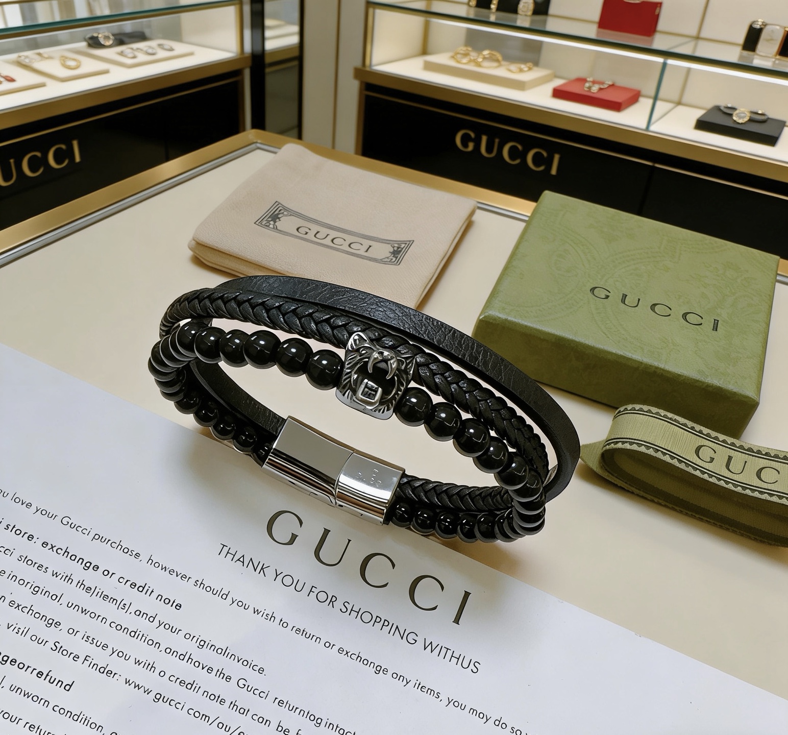 Gucci 𝐆𝐮𝐜𝐜𝐢古驰手绳手环最新款纯手工风格牛皮档次更高 Anger Forest系列双G 款系列 银 手链