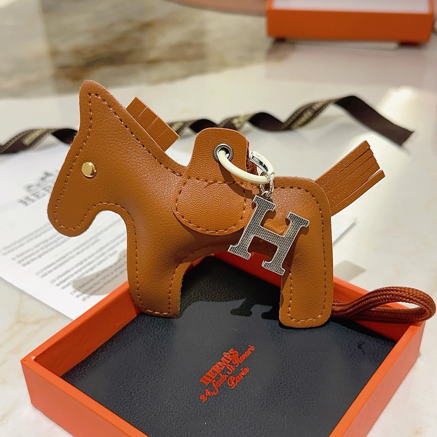 Hermes Rodeo H Charm pendant Gold brown leather with silver-tone H hardware 8cm