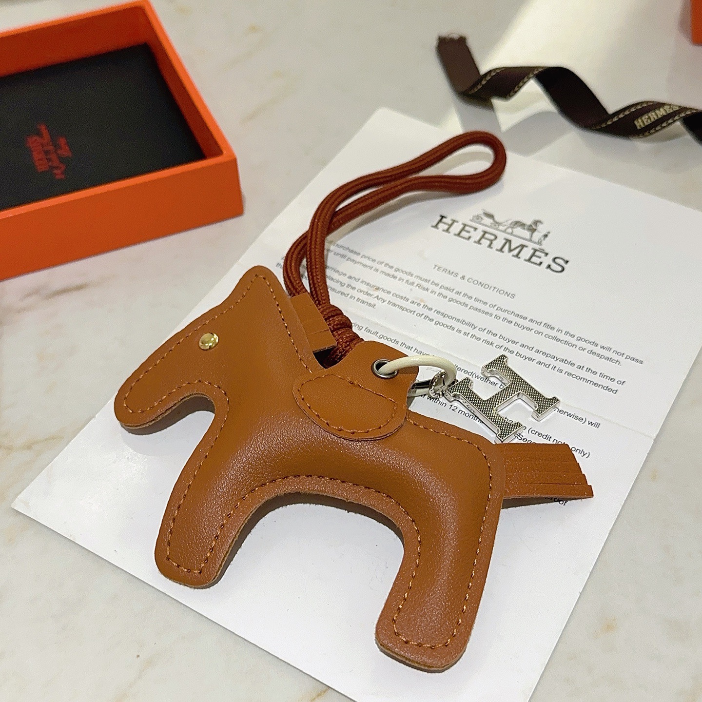 Hermes Rodeo H Charm pendant Gold brown leather with silver-tone H hardware 8cm