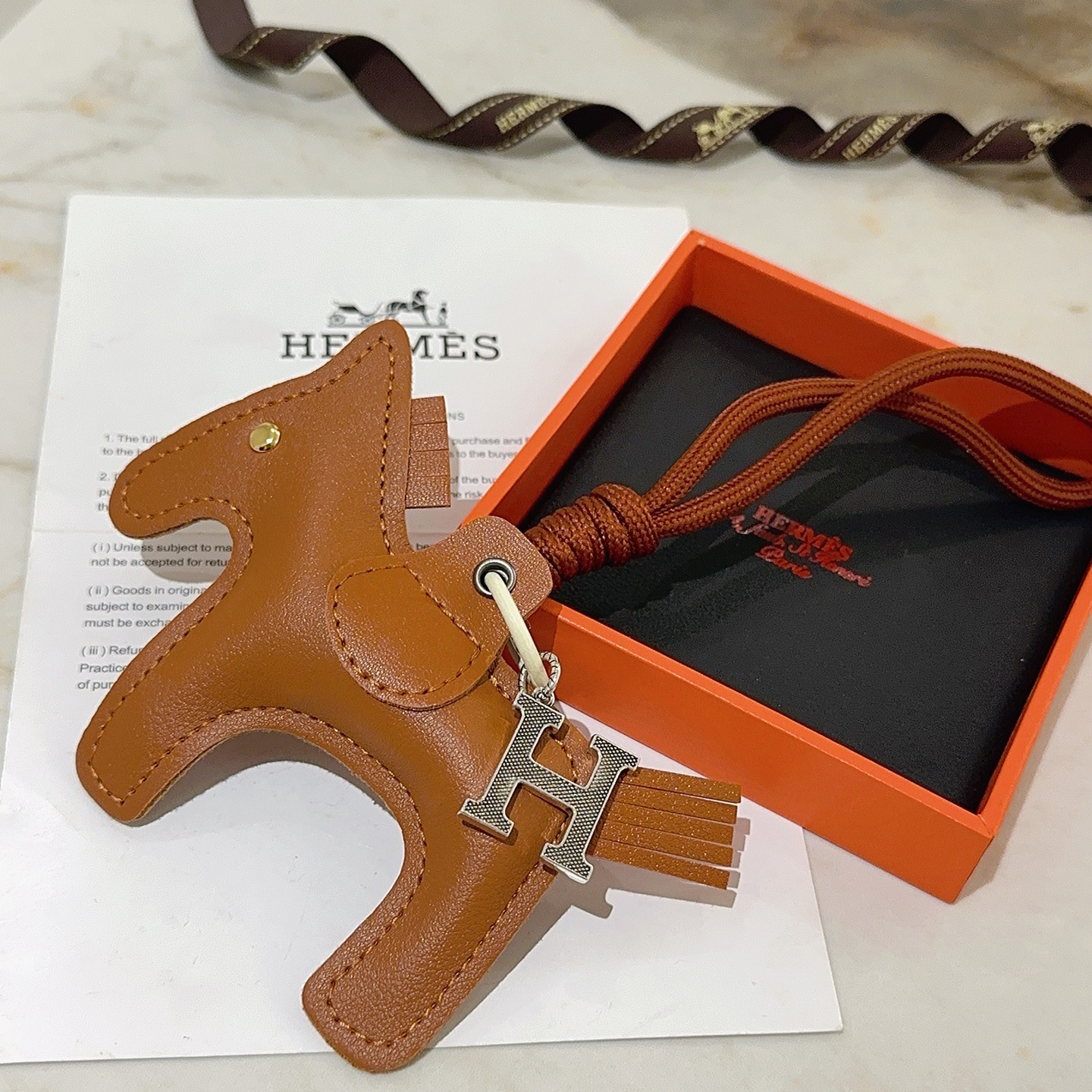 Hermes Rodeo H Charm pendant Gold brown leather with silver-tone H hardware 8cm