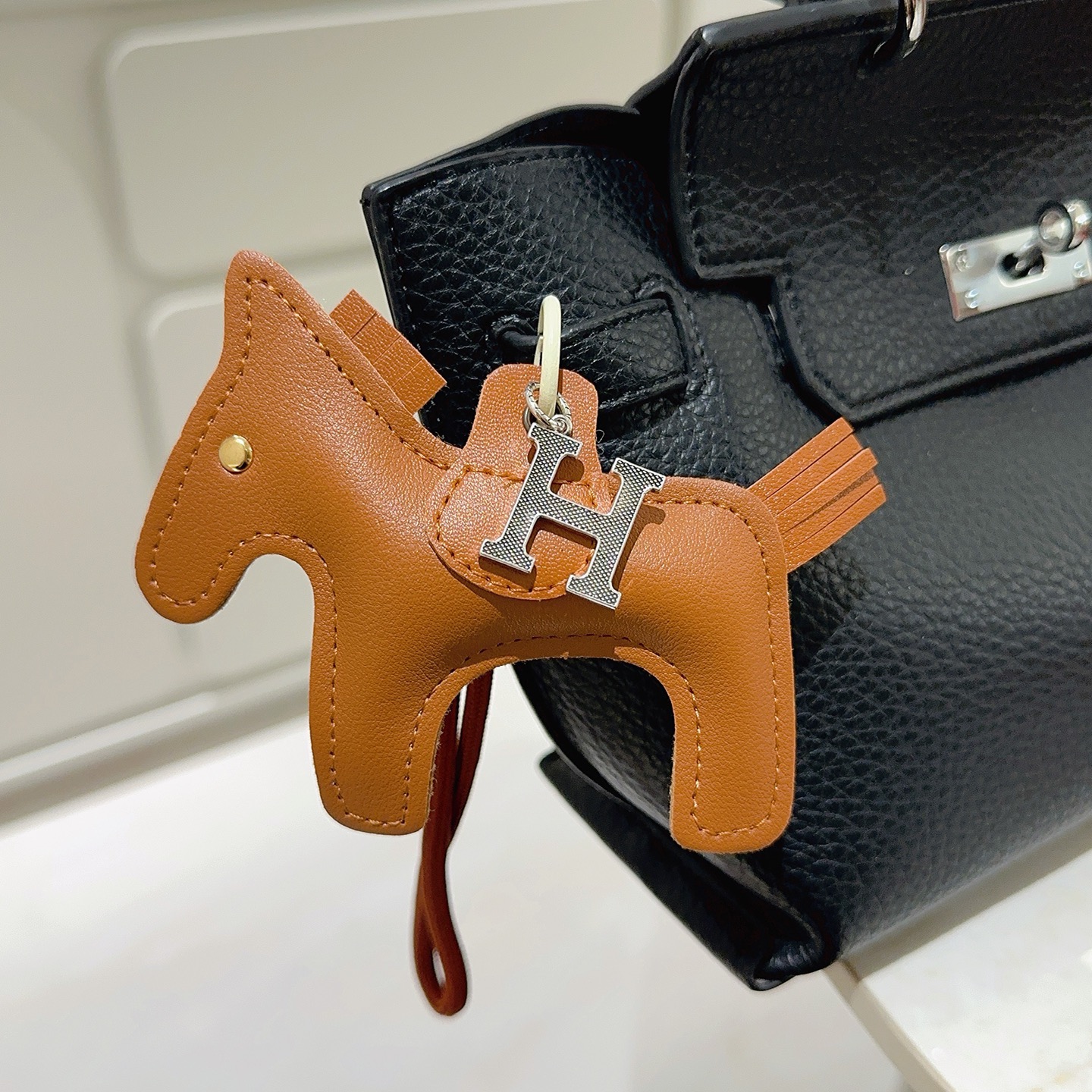 Hermes Rodeo H Charm pendant Gold brown leather with silver-tone H hardware 8cm