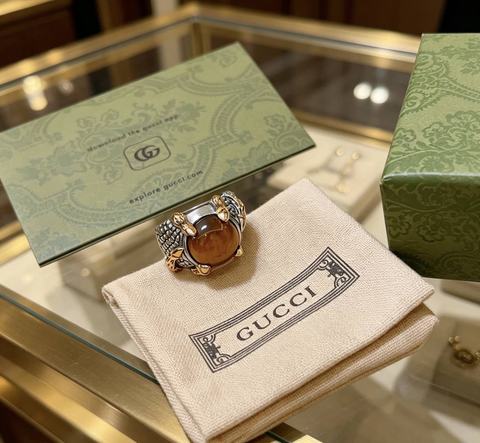 Gucci 𝐆𝐮𝐜𝐜𝐢古驰戒指最新款式天然石虎眼档次更高 Anger Forest系列双G纯手工制作工艺 古驰戒指