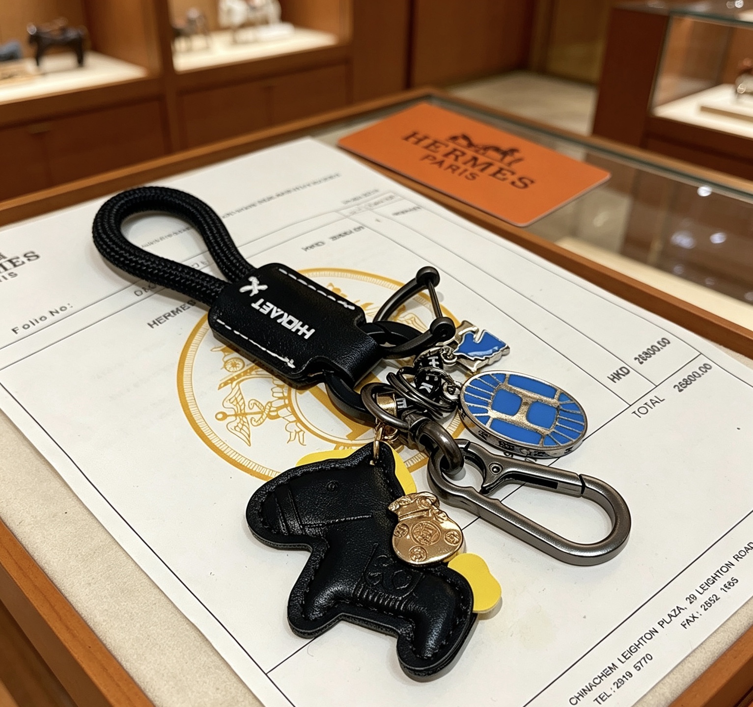 Hermes Rodeo Horse Charm Keychain pendant Black leather gunmetal hardware blue enamel yellow leather accent gold-tone charm 12cm total length