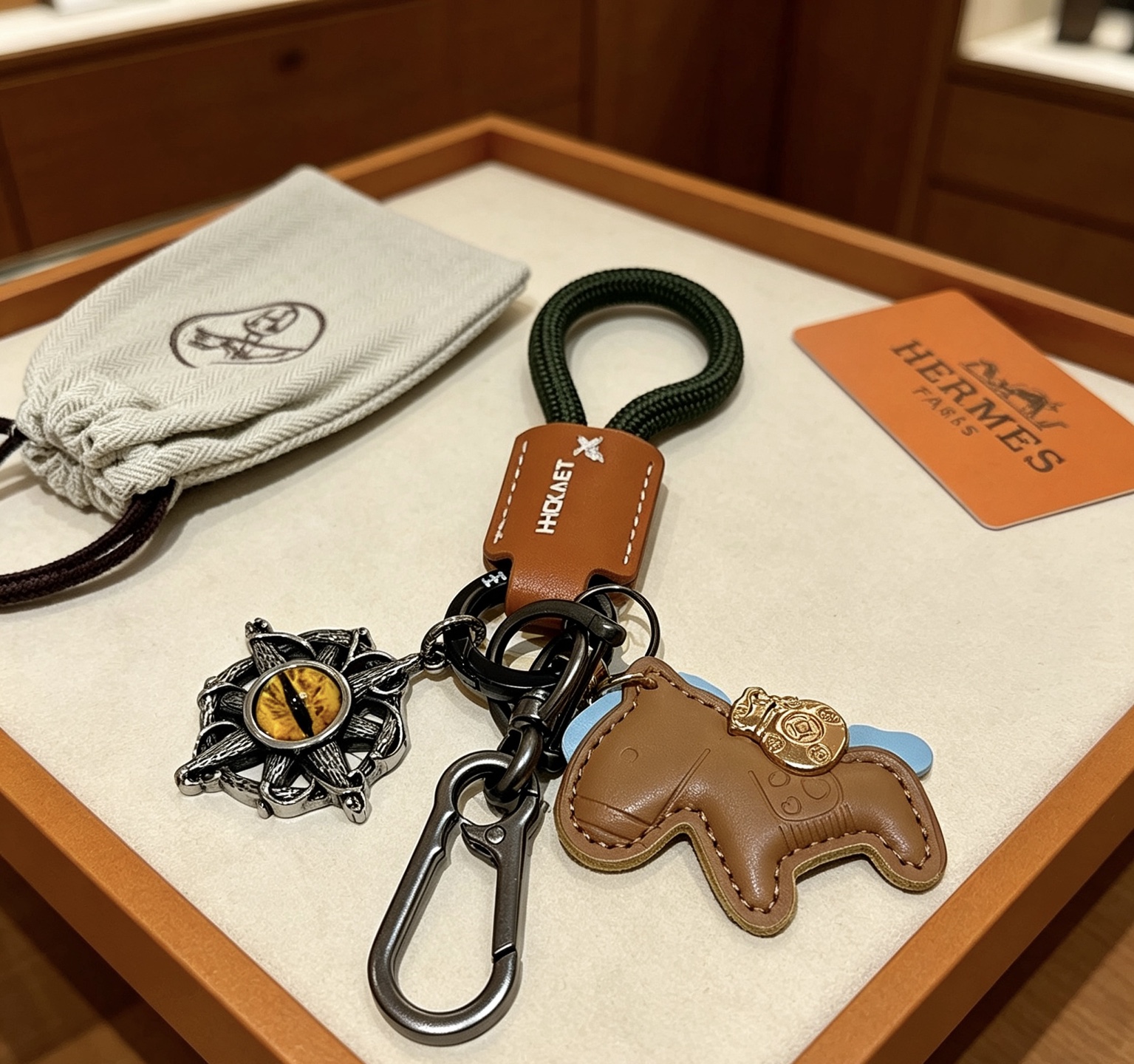 Hermes Rodeo Horse Charm Portachiavi Ciondolo in pelle marrone chiaro Cavo intrecciato verde scuro Hardware in canna di fucile Accento in metallo color oro Pietra gialla occhio di gatto Supporto azzurro 10 cm Lunghezza totale