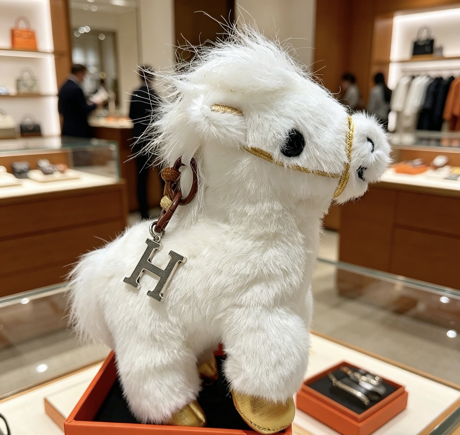 Hermes H Plush Horse Charm pendant white plush with gold metallic accents silver-tone H charm multicolor embroidered floral detail brown leather strap 12cm