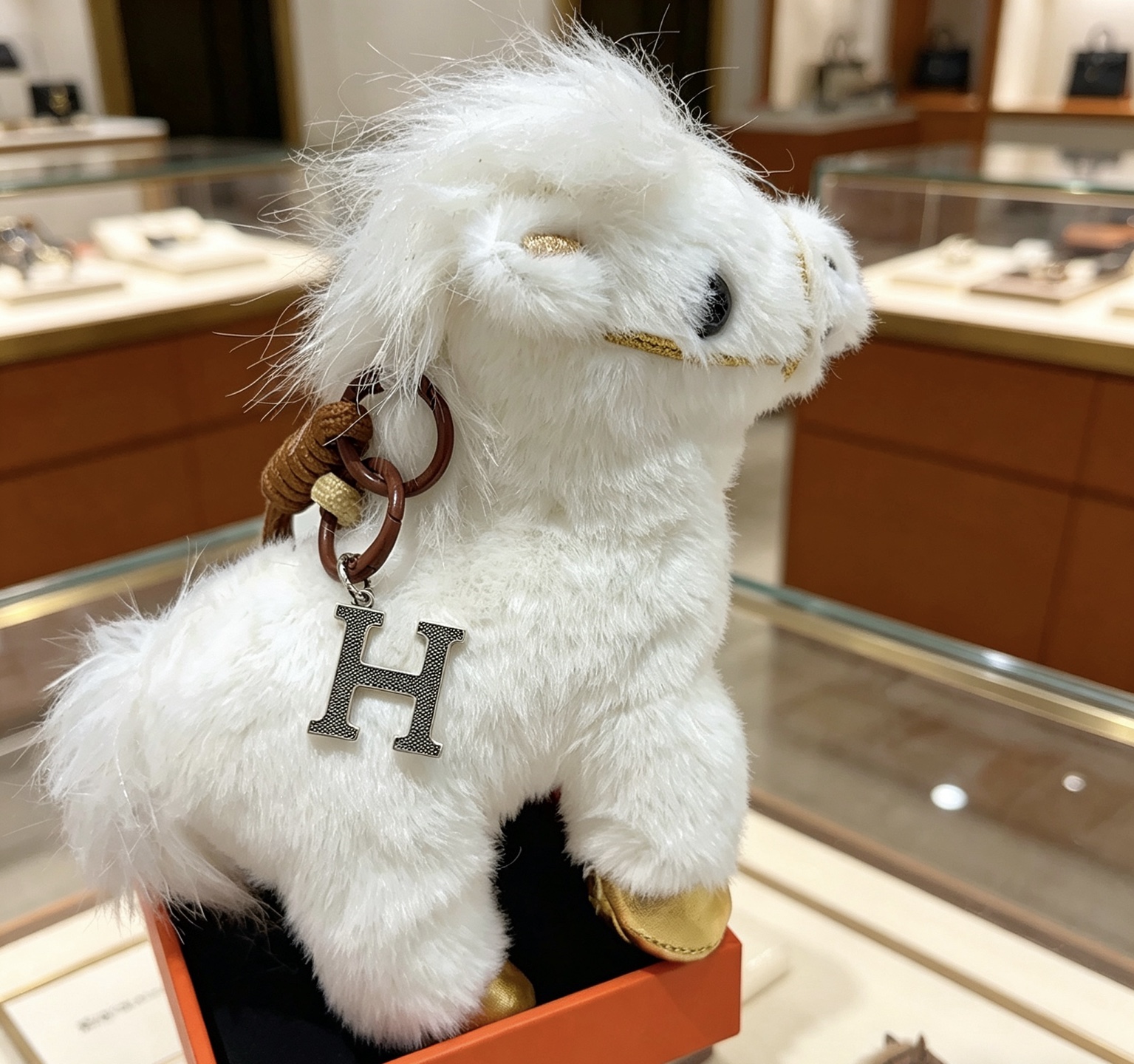Hermes H Plush Horse Charm pendant white plush with gold metallic accents silver-tone H charm multicolor embroidered floral detail brown leather strap 12cm