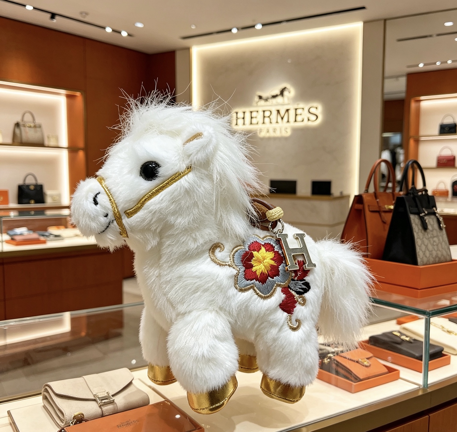 Colgante Hermes H Plush Horse Charm de felpa blanca con detalles metálicos dorados Charm H en tono plateado detalle floral bordado multicolor correa de cuero marrón 12 cm