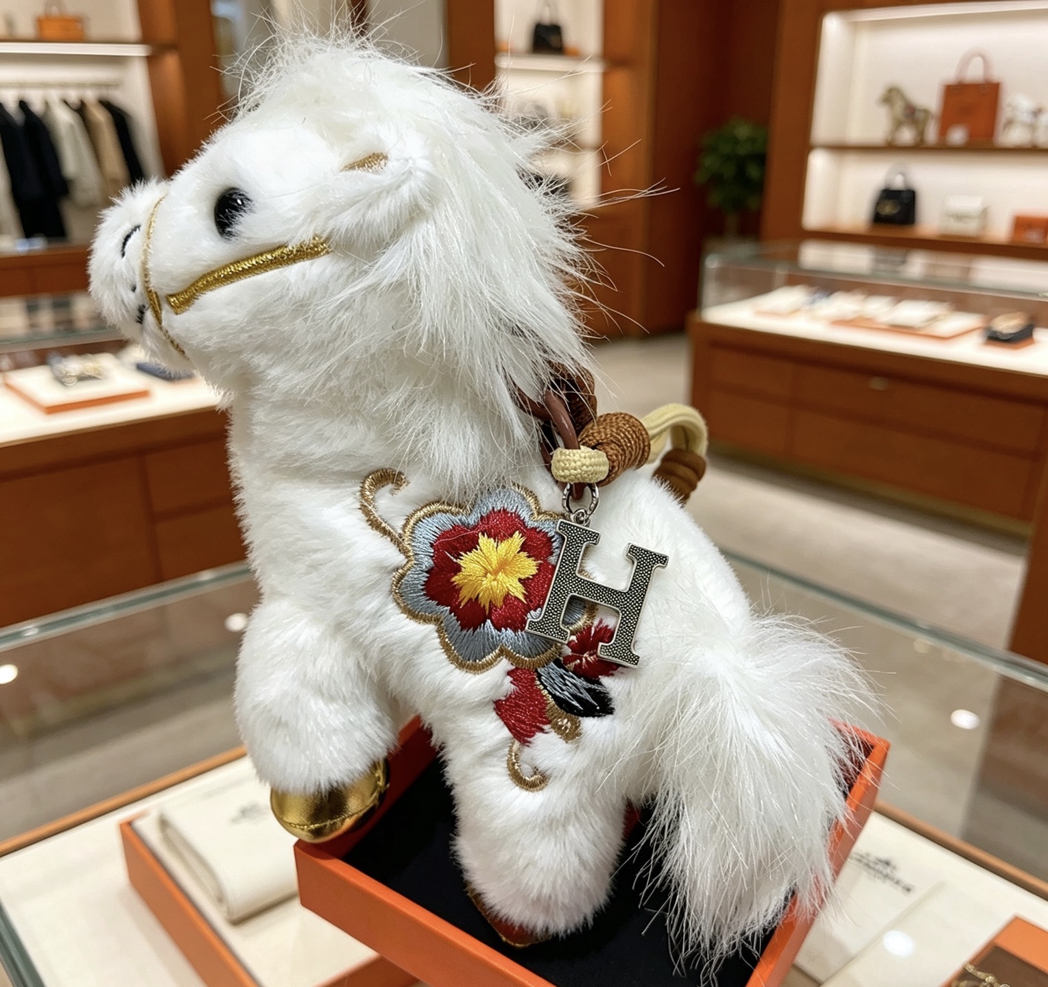 Hermes H Plush Horse Charm pendant white plush with gold metallic accents silver-tone H charm multicolor embroidered floral detail brown leather strap 12cm