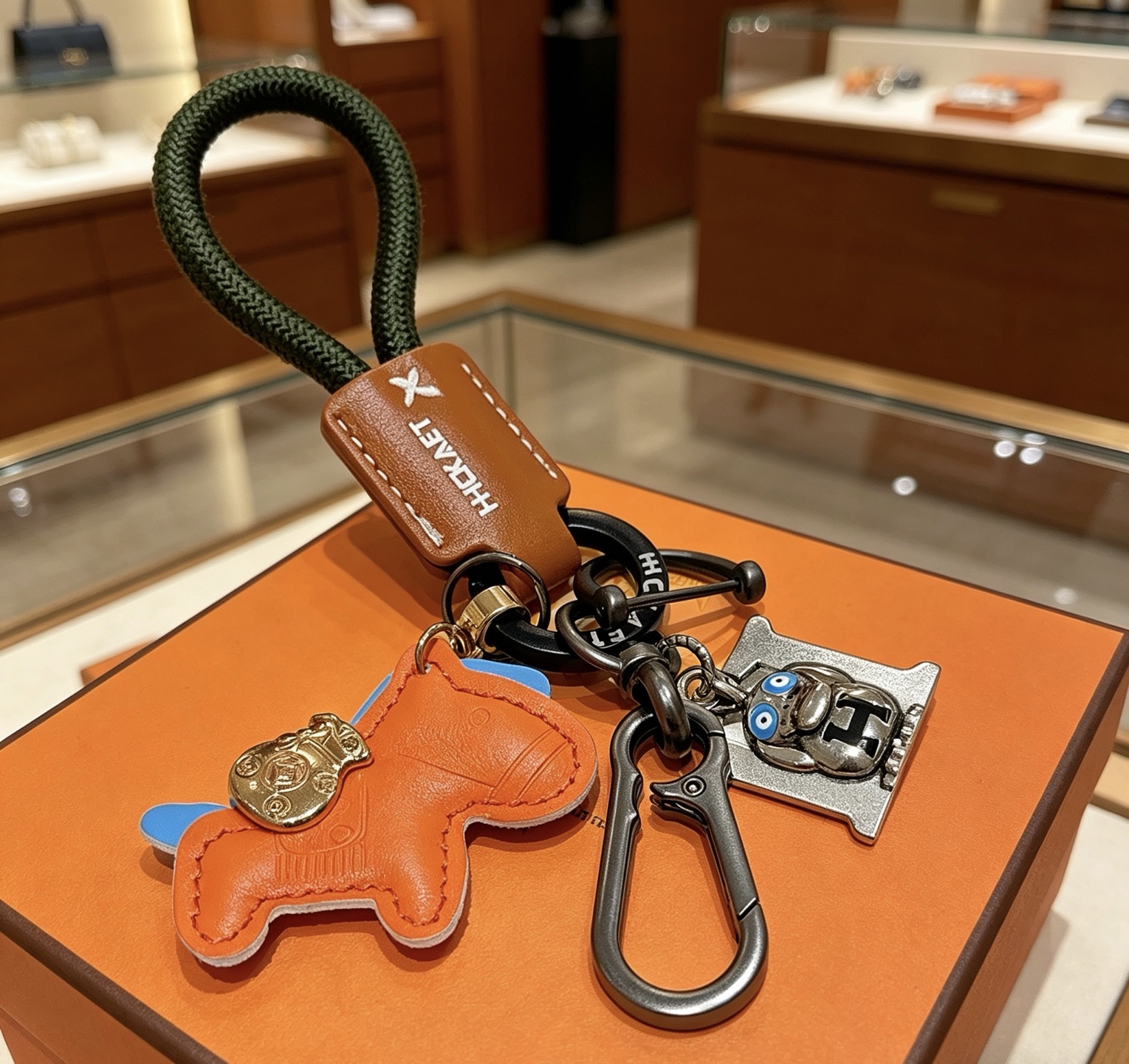 Hermes Rodeo Horse Charm Porte-clés pendentif Cuir orange avec accents bleus cuir marron cordon tressé vert foncé matériel en bronze à canon breloque en métal doré breloque H argentée avec détails en émail bleu longueur totale 12 cm