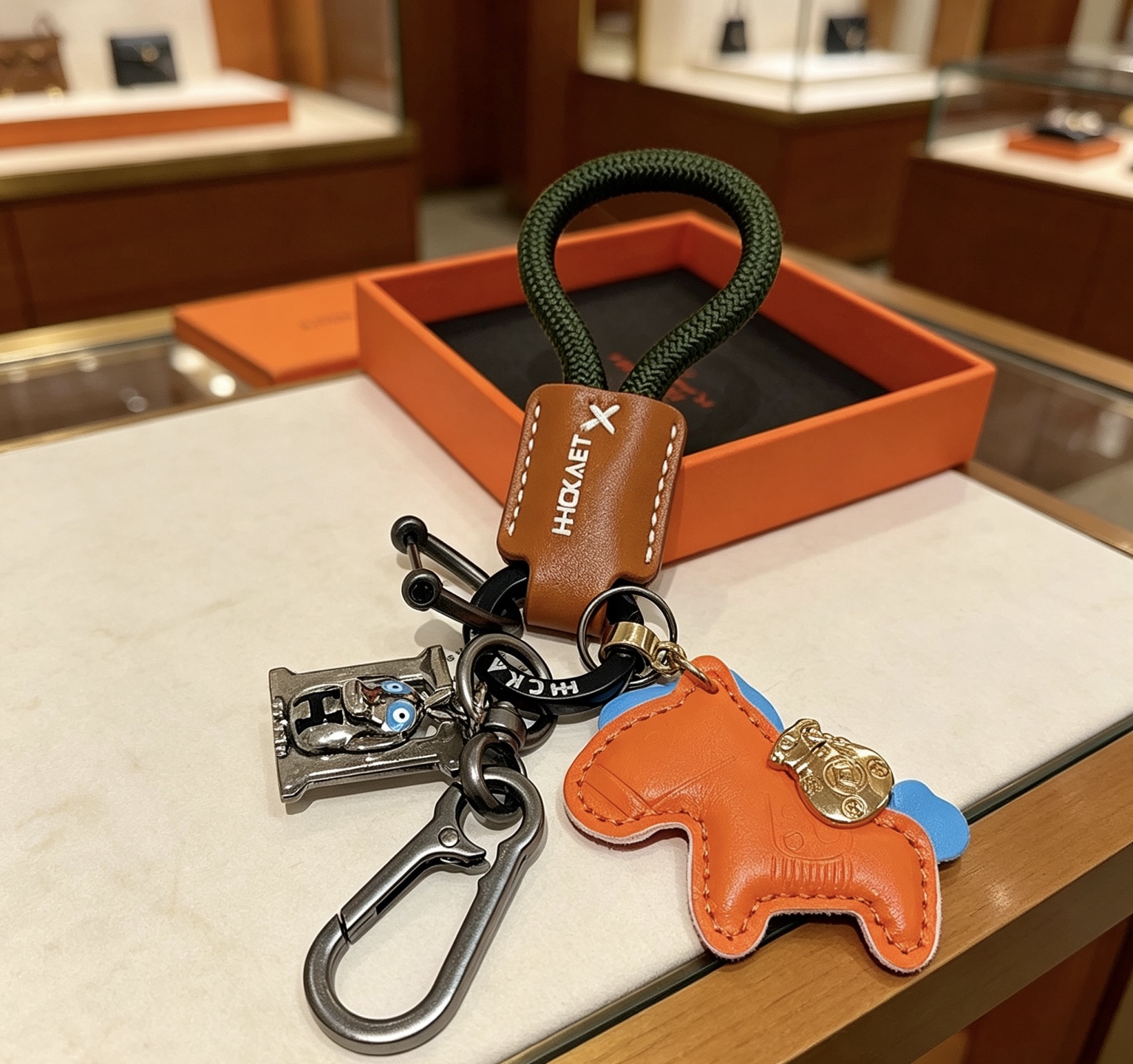 Hermes Rodeo Horse Charm Porte-clés pendentif Cuir orange avec accents bleus cuir marron cordon tressé vert foncé matériel en bronze à canon breloque en métal doré breloque H argentée avec détails en émail bleu longueur totale 12 cm