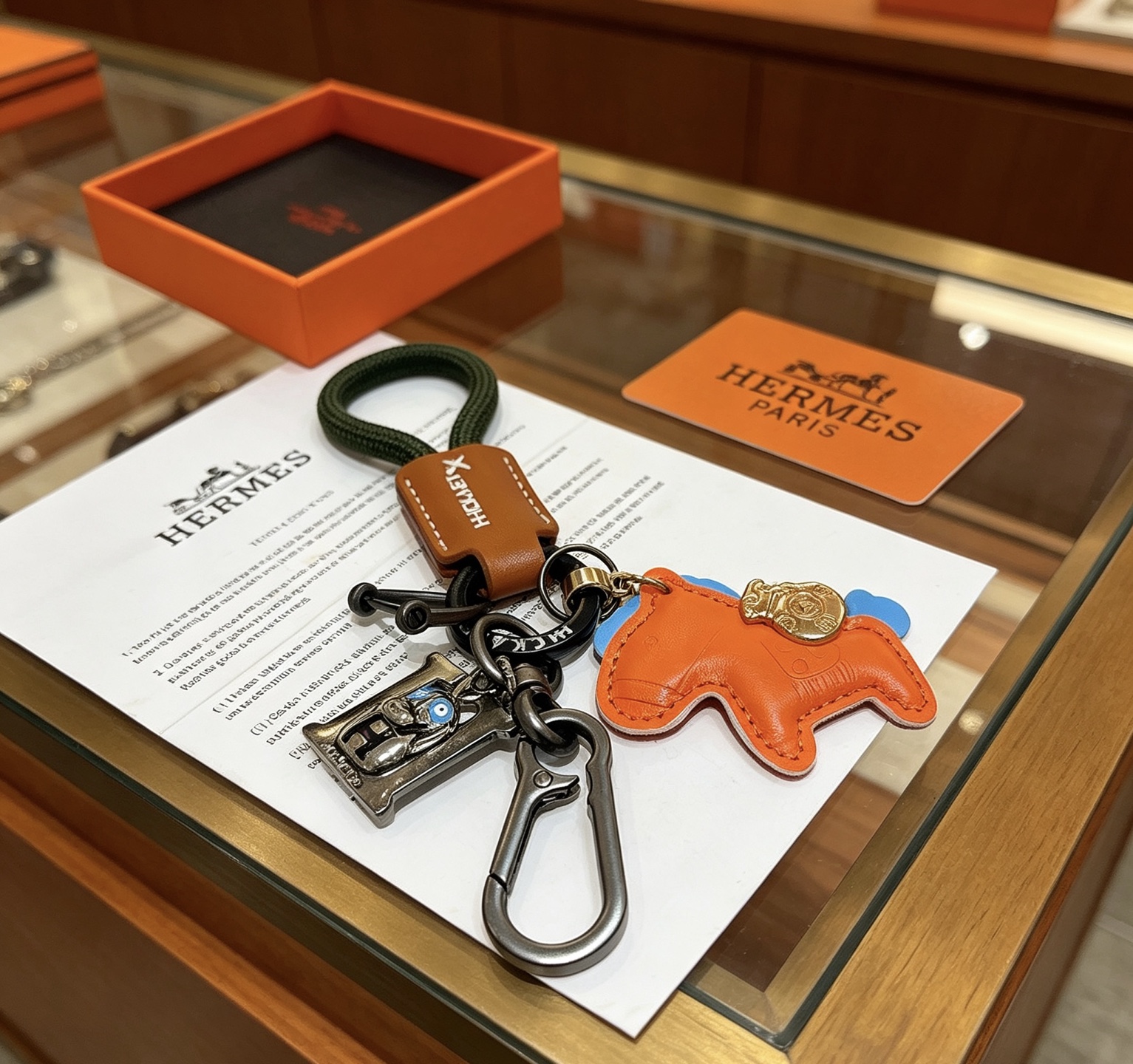 Hermes Rodeo Horse Charm Porte-clés pendentif Cuir orange avec accents bleus cuir marron cordon tressé vert foncé matériel en bronze à canon breloque en métal doré breloque H argentée avec détails en émail bleu longueur totale 12 cm