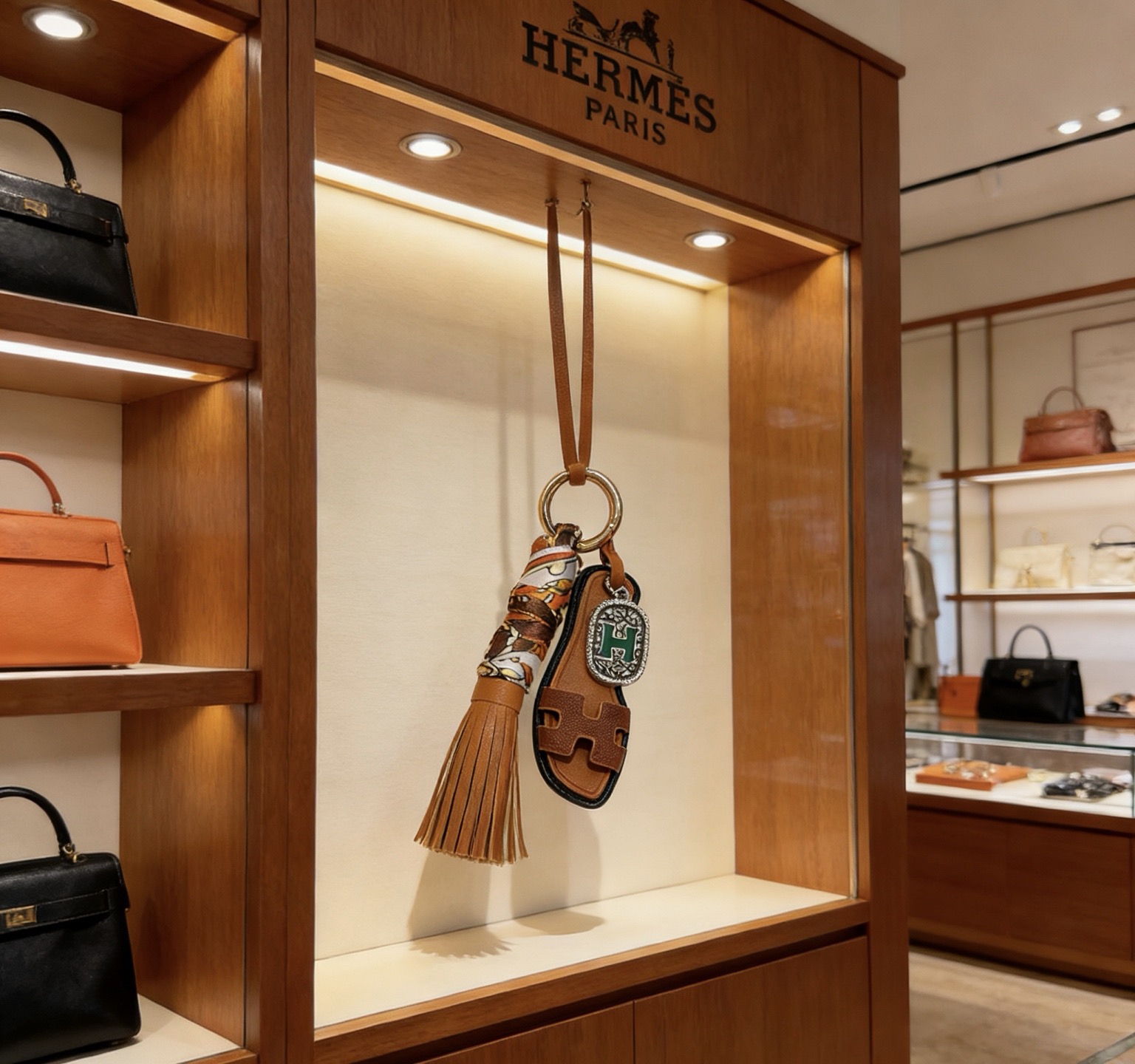 Hermes Oran Sandália Tassel Bag Charme pingente tom de ouro metal marrom couro multicolor seda verde esmalte preto guarnição de couro 12 cm comprimento total