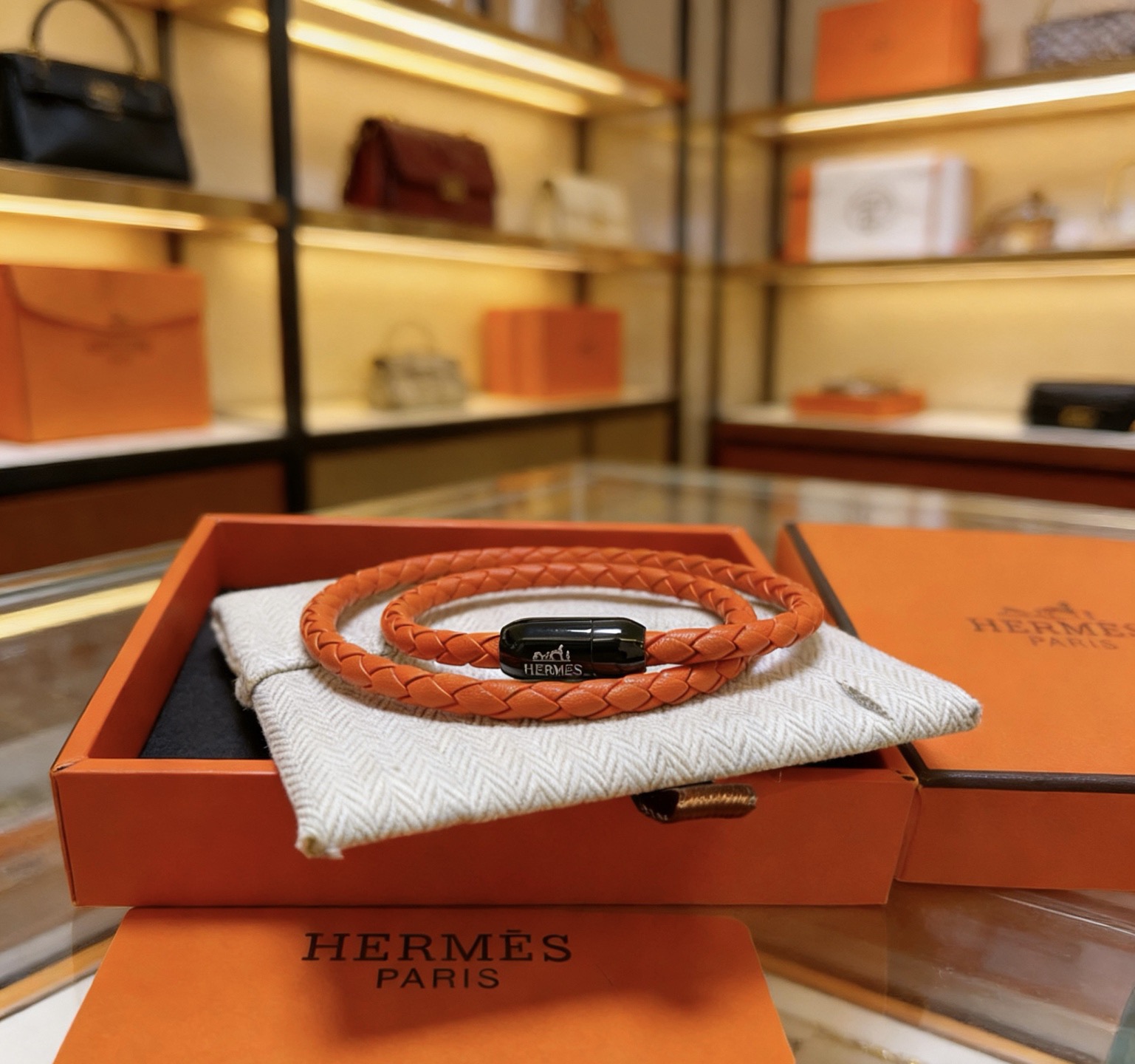 Hermes Goliath Double Tour Braided Leather Bracelet bracelet Orange braided leather with black metal clasp T5 19cm double wrap