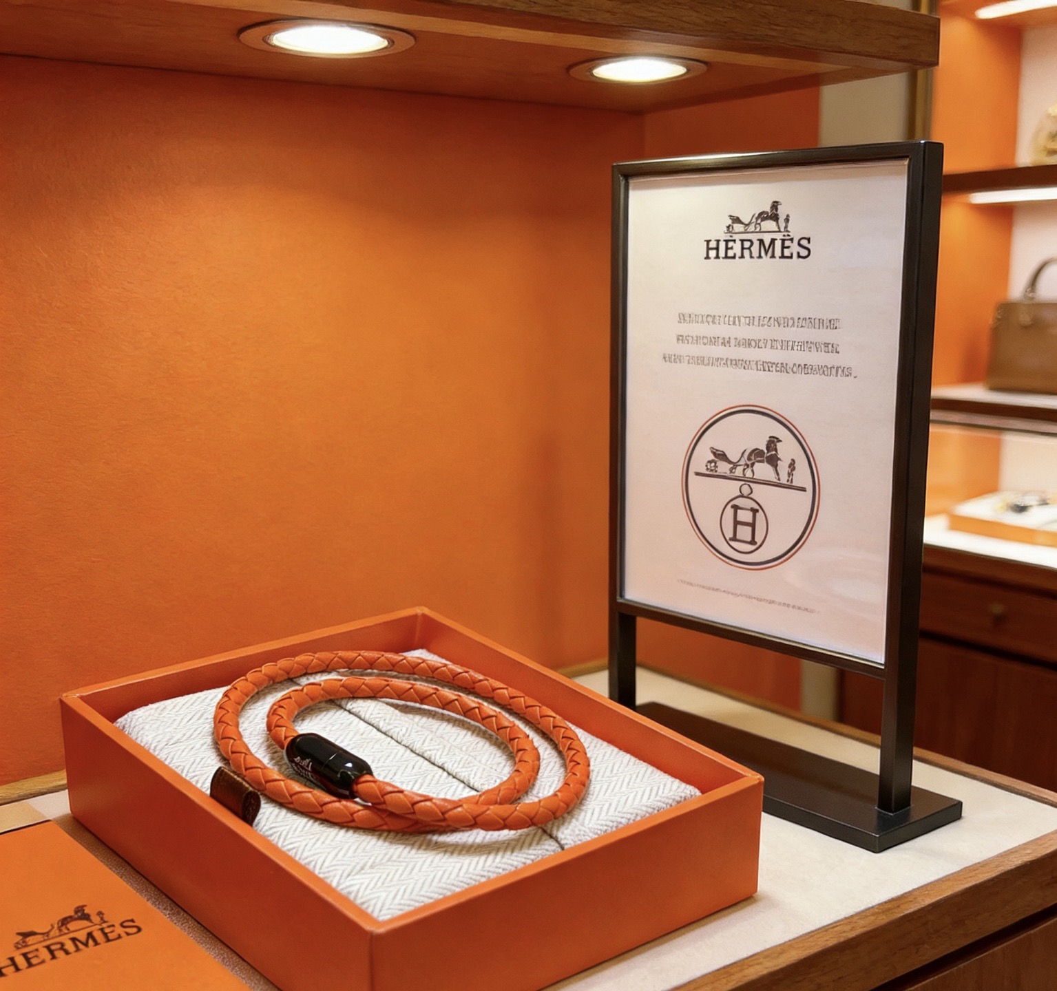 Hermes Goliath Double Tour Braided Leather Bracelet bracelet Orange braided leather with black metal clasp T5 19cm double wrap