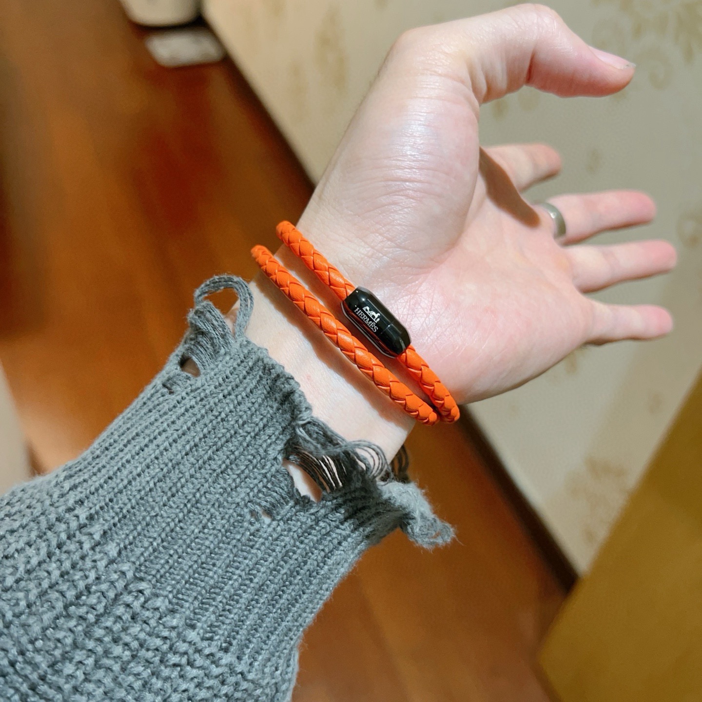 Hermes Goliath Double Tour Braided Leather Bracelet bracelet Orange braided leather with black metal clasp T5 19cm double wrap