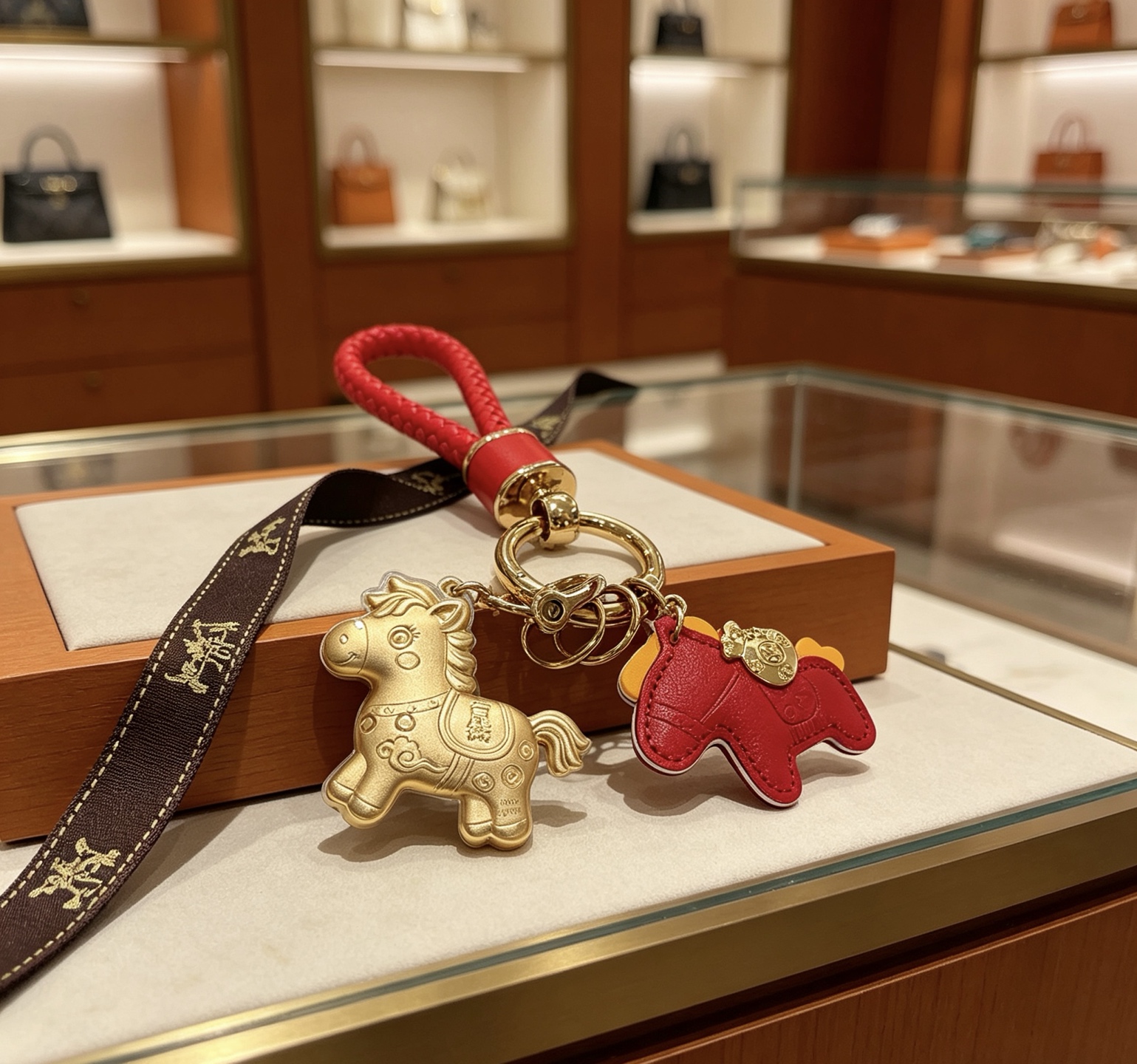 Hermes Lucky Horse Charm pendant Red leather gold-tone metal clear protective casing 10cm total length