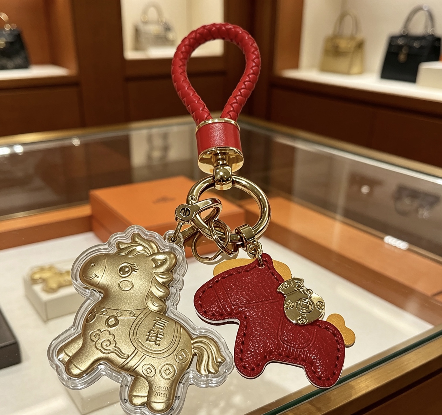 Hermes Lucky Horse Charm pendant Red leather gold-tone metal clear protective casing 10cm total length