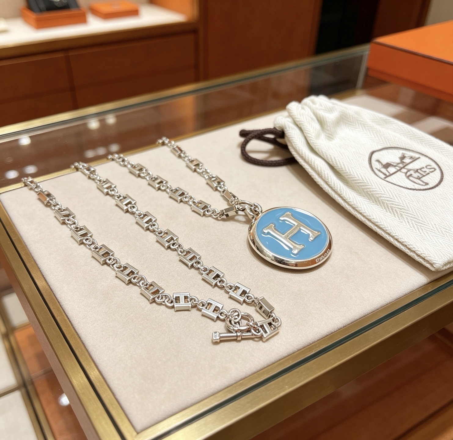 Hermes H Series necklace Silver-toned metal with light blue enamel and silver H logo 45cm