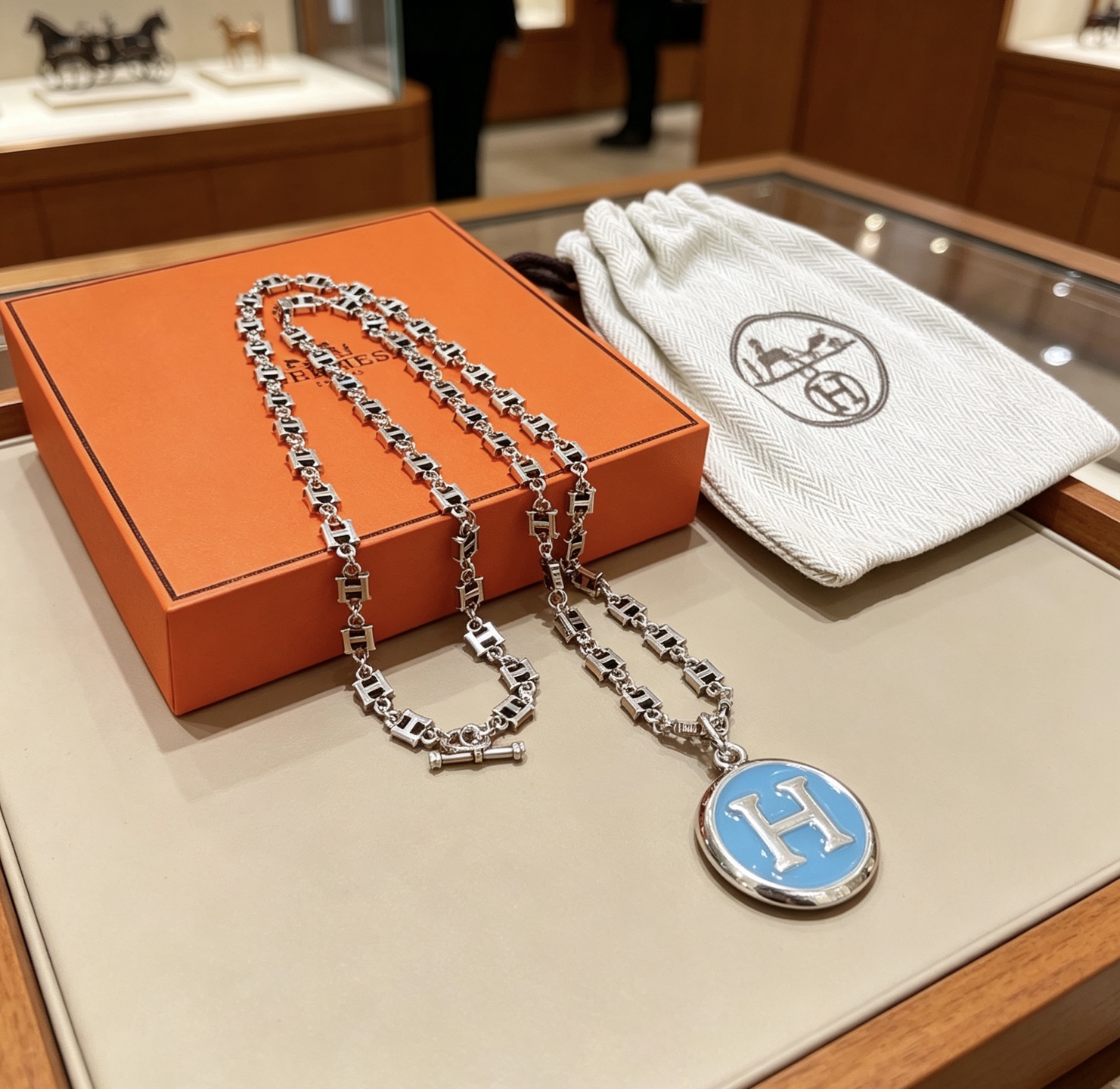 Hermes H Series necklace Silver-toned metal with light blue enamel and silver H logo 45cm