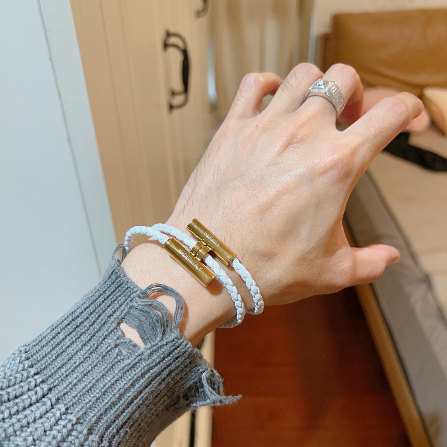 Hermes Tournis Tresse bracelet White braided leather with gold-plated metal hardware T3 17cm
