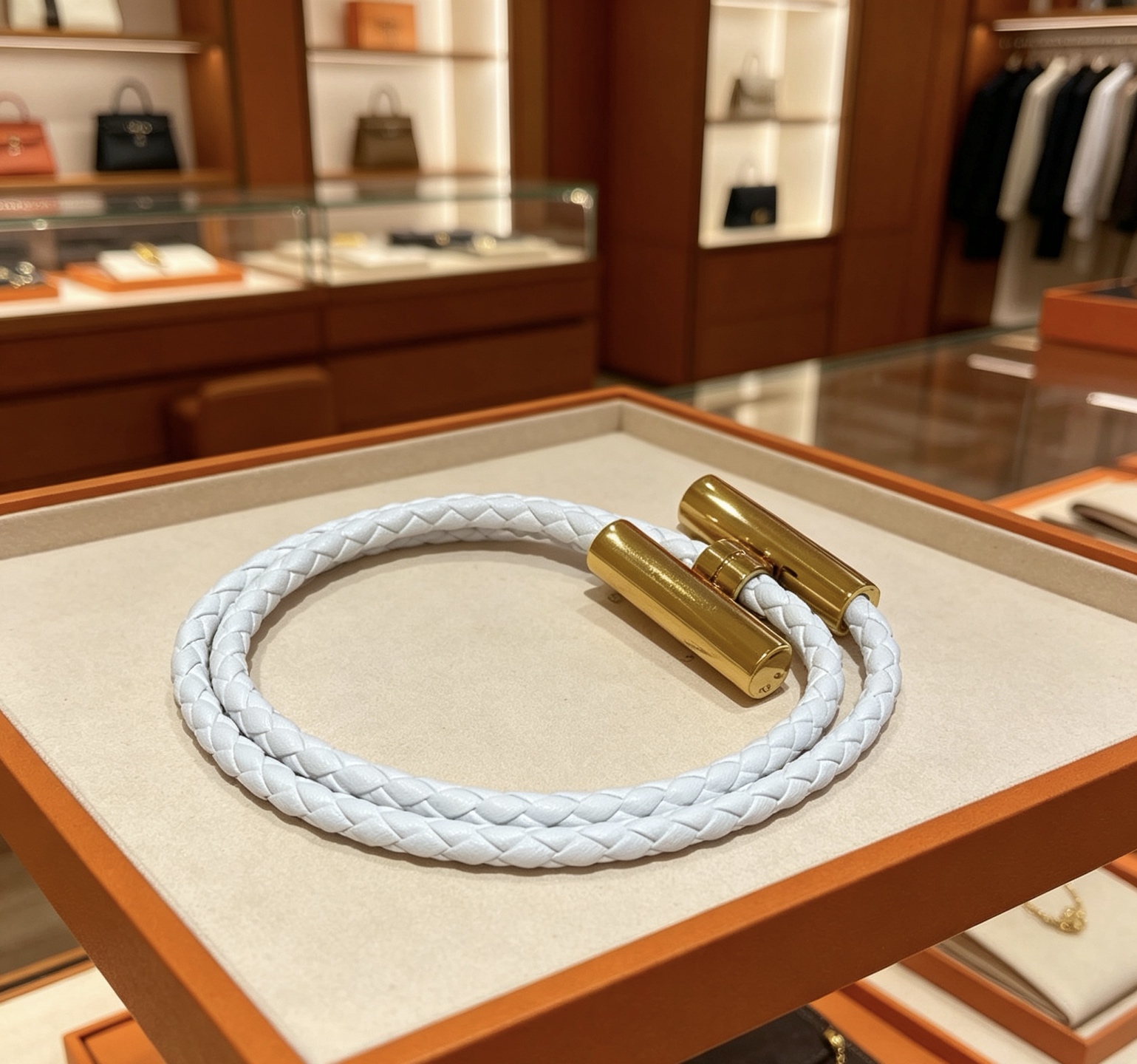 Hermes Tournis Tresse bracelet White braided leather with gold-plated metal hardware T3 17cm