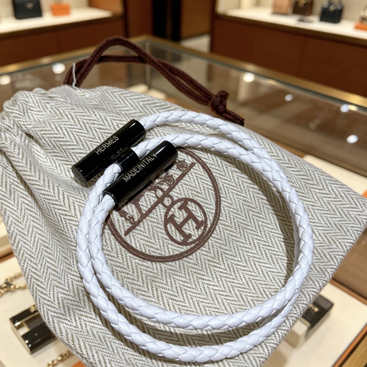Hermes Tournis Tresse bracelet white braided leather with black hardware 19cm