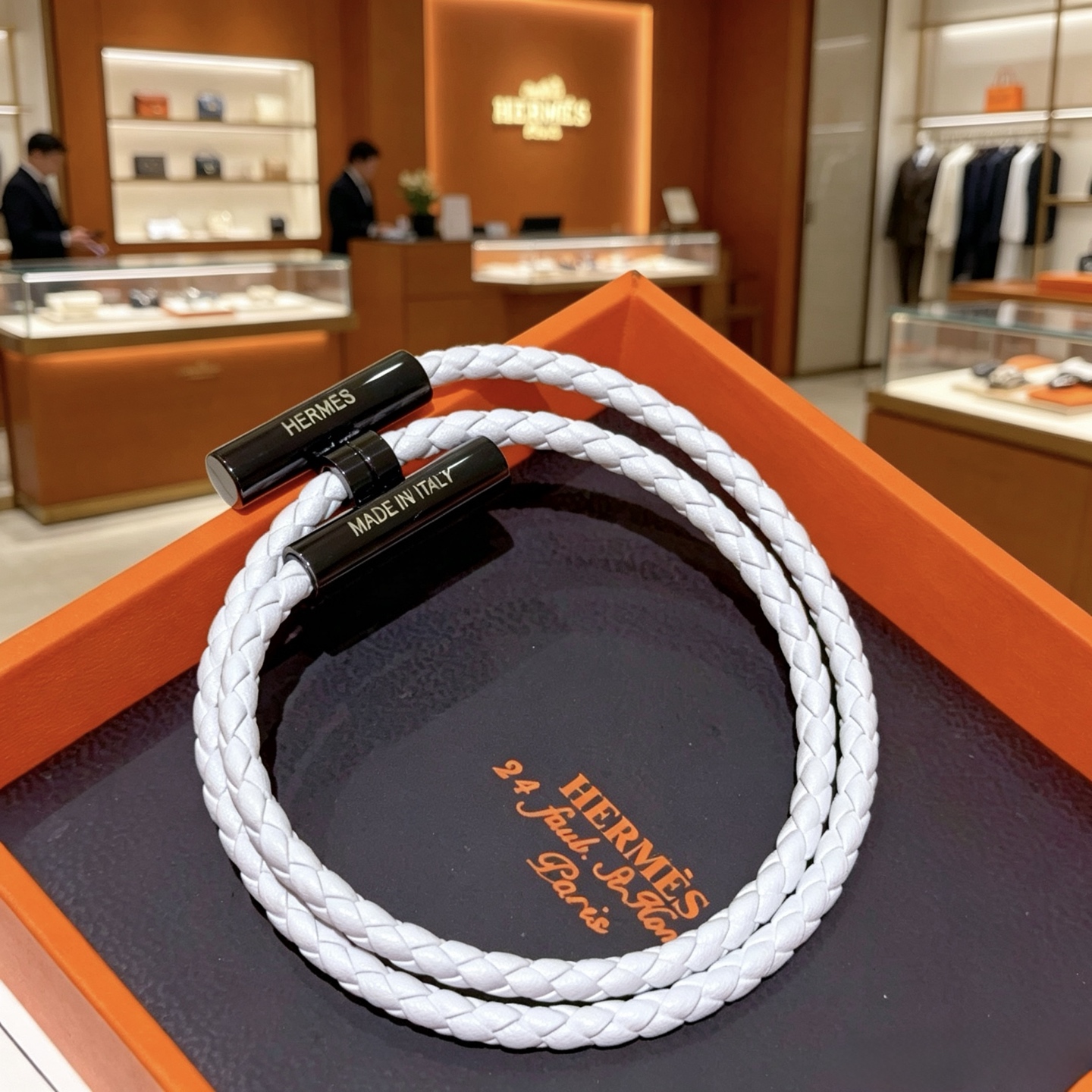 Hermes Tournis Tresse bracelet white braided leather with black hardware 19cm