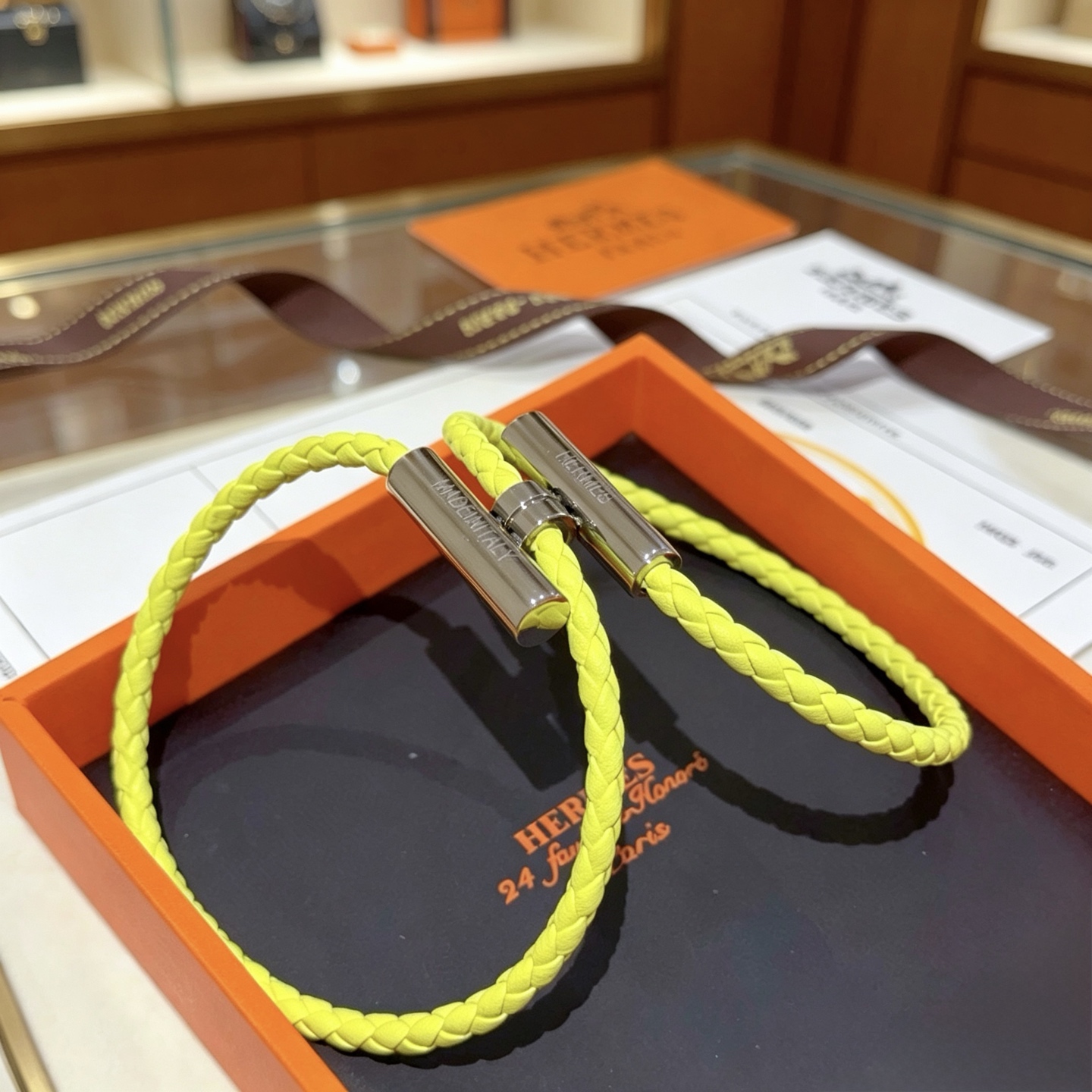 Hermes Tournis Tresse bracelet Lime yellow braided leather palladium plated silver hardware T4 19cm