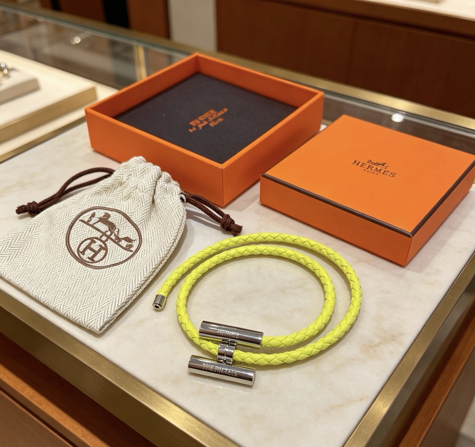 Hermes Tournis Tresse bracelet Lime yellow braided leather palladium plated silver hardware T4 19cm
